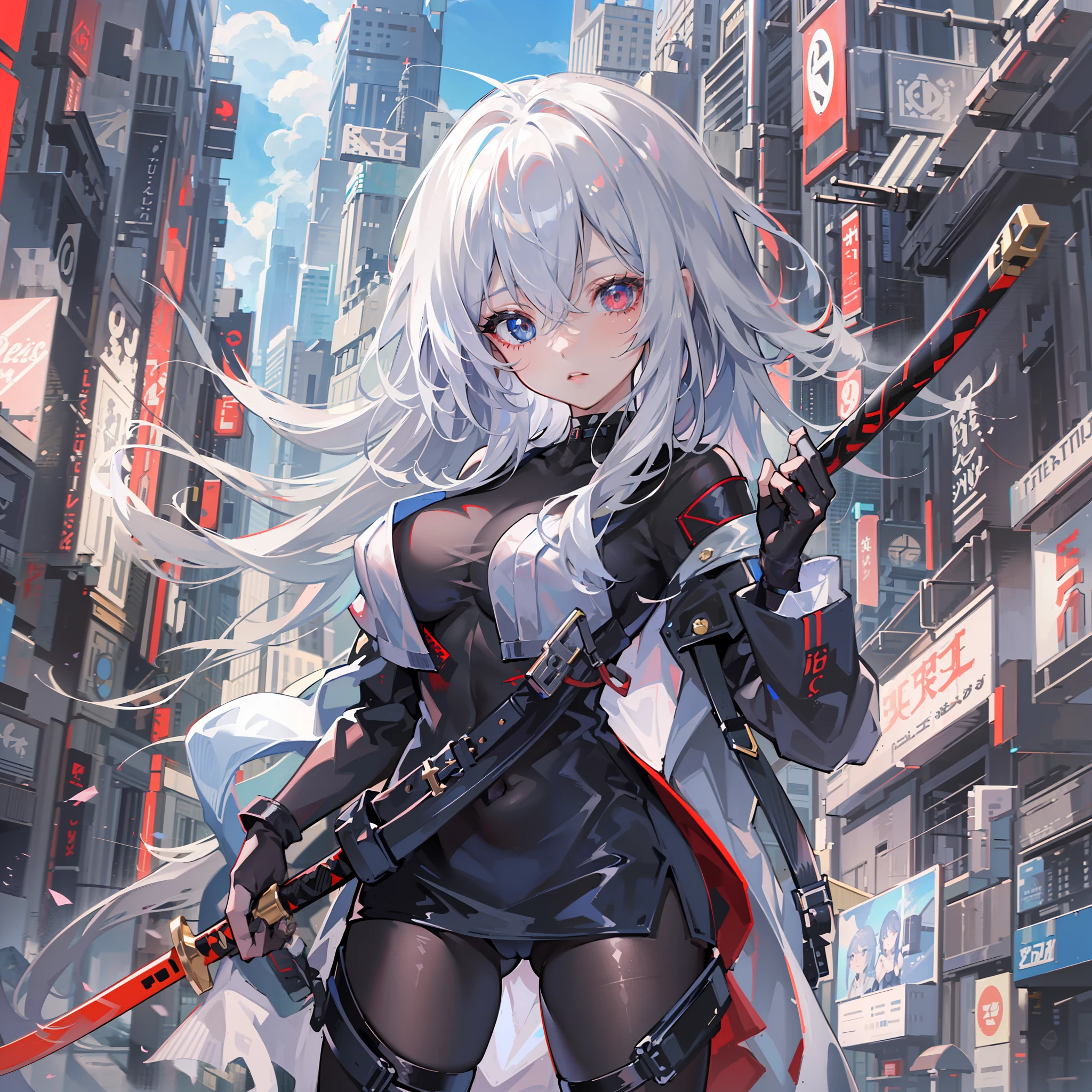 (absurdres, highres, ultra detailed),(Masterpiece, best quality:1.2),1girl, wearing a black suit, futuristic suit,two katanas at the back, heterochromia,blue and red eyes,white hair,aether gazer, surrounded by futuristic buildings
