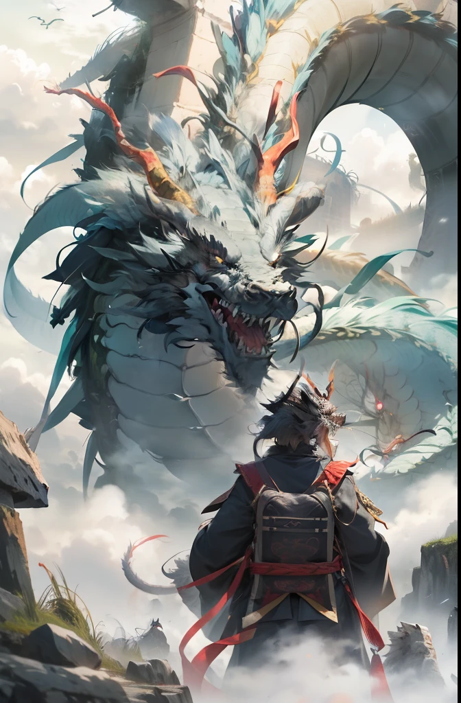 chinesedragon, dragon, letterboxed, holding, outdoors, bird, standing, cloud, 1boy, weapon, from behind, sky, cloudy sky, animal, holding weapon, eastern dragon, monster, 1other, hat, fog