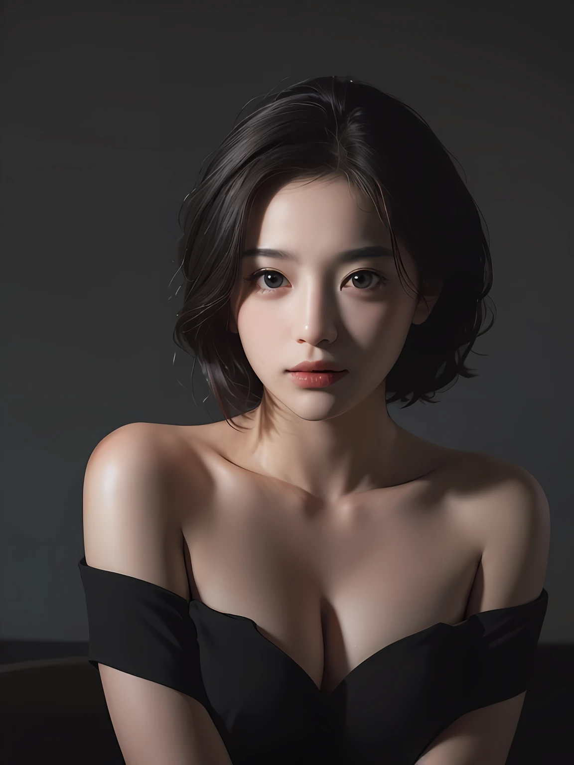 Best quality, masterpiece, ultra high res, (photorealistic:1.5), raw photo, 1girl, offshoulder, in the dark, deep shadow, low key, cold light, sexy look, short hair