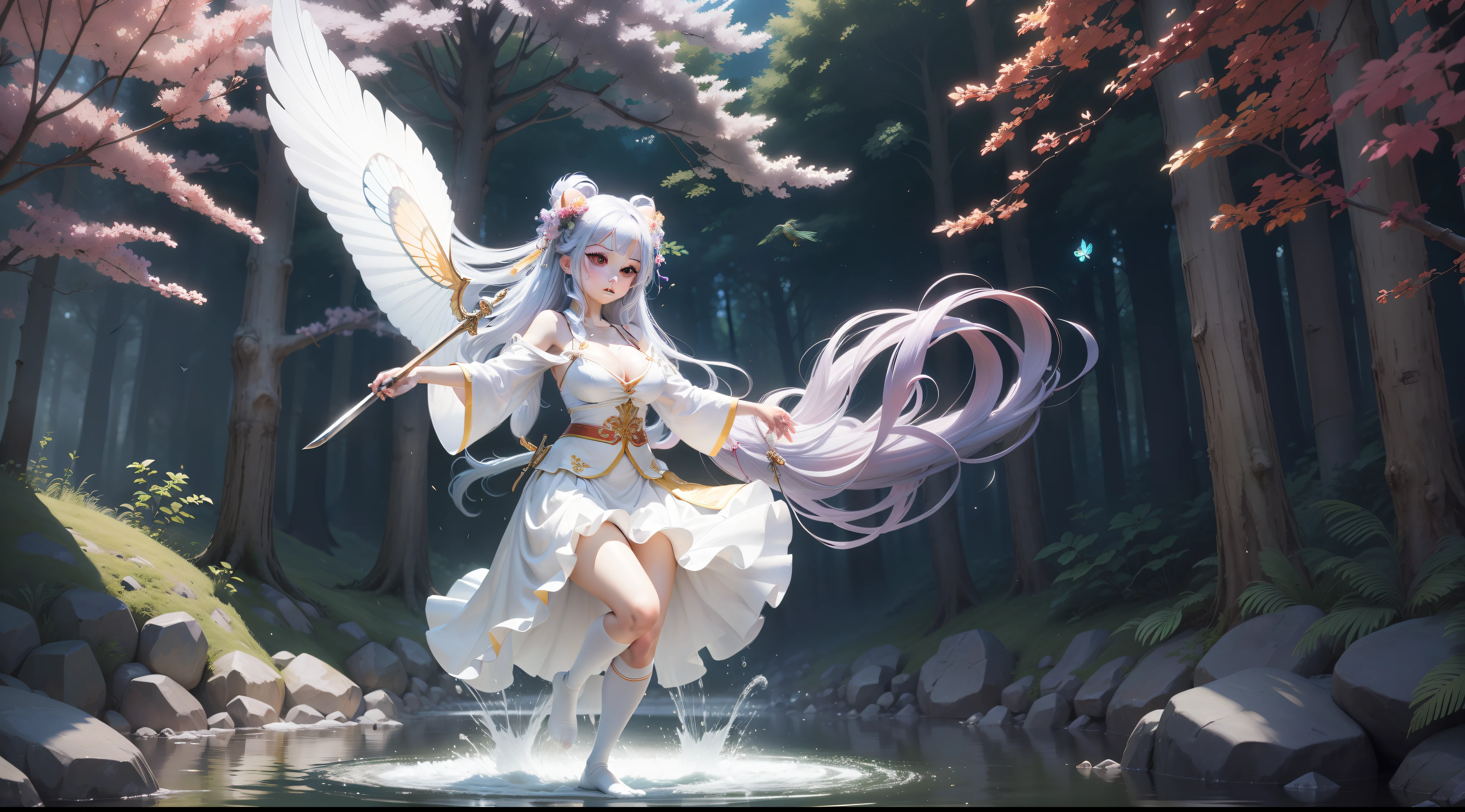 ln the forest，natta，Fluorescence，Colorful birds，Colorful glowing butterflies，In the forest，lake water，waterfallr，white dresses，White-purple clothing，Colorful Hanfu long skirt，Colorful woman，Extra-long colorful hair, Colorful Hanfu, Chinese style Hanfu，Off-the-shoulder attire，Exposed cleavage，Expose the collarbone，huge tit，Float，3D occlusion，realskin，realisticlying，lion dance，Practice martial arts，Sword dance，White panty hose，over knee socks，No shoes，Top image quality，Institutional light and shadow，Bokeh，Domineering body movements，tachi-e，Characters are generated in two-thirds of the canvas，close-up all over the body，Consists of a grid of nine squares