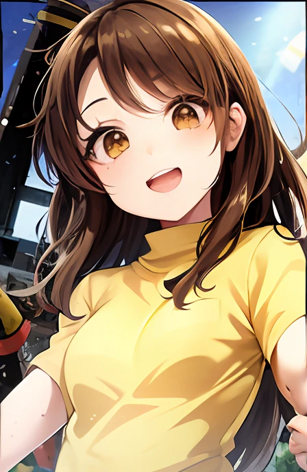 anime girl with long brown hair and yellow shirt holding a baseball bat, [[[[grinning evily]]]], rin, kantai collection style, anime moe artstyle, anime visual of a cute girl, marin kitagawa fanart, hanayamata, close up iwakura lain, iwakura lain, makoto shinka, chiho