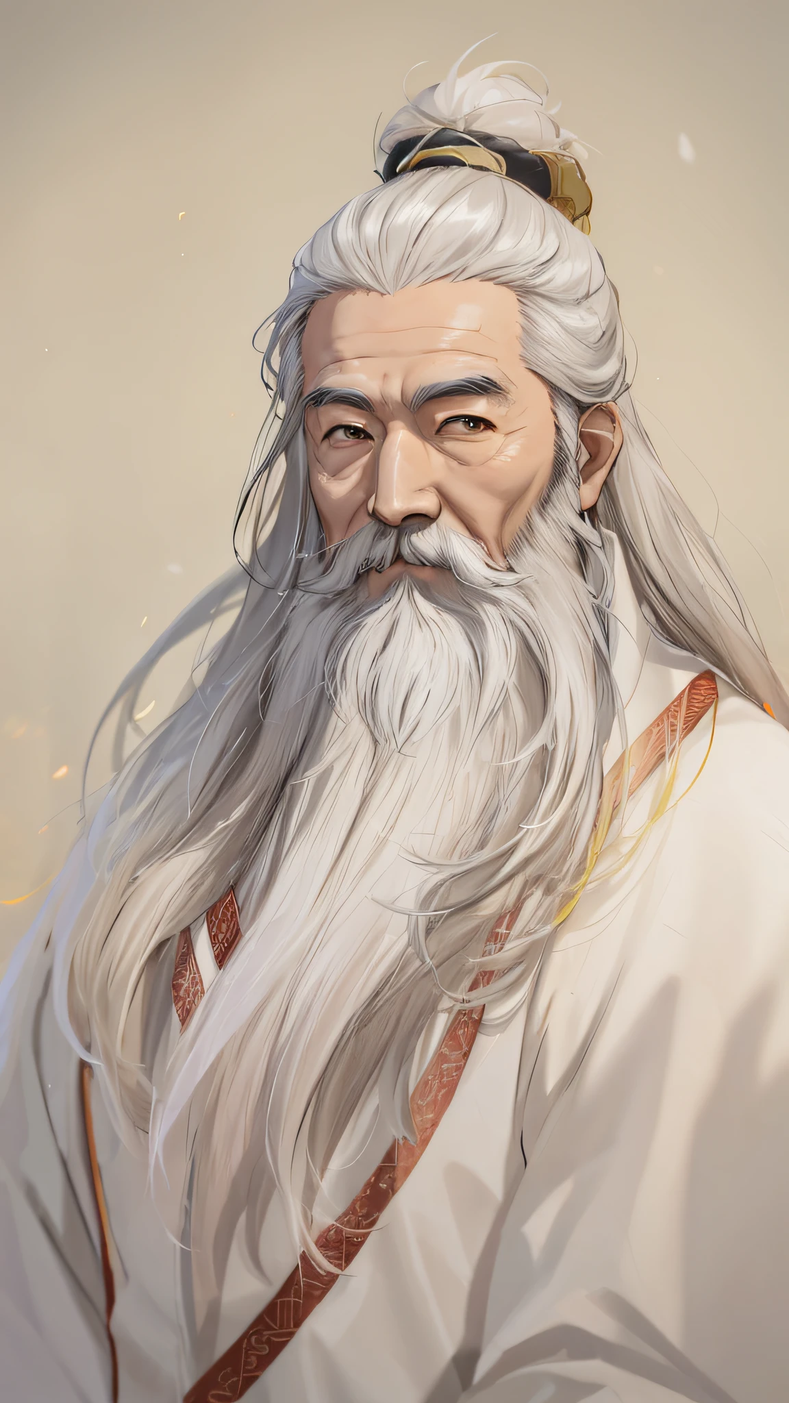 Asian people(Older men),The upper part of the body,strong lights,Background bokeh,depth of fields,blur backgroun,light particules,strong winds, (Heart particles:1.1),long white hair and beard,wearing long white togas, Inspired by Hu Zaobin, detailed white long hair, inspired by Li Cheng, inspired by Wu Daozi, inspired by Dong Yuan, white long beard,Front close-up