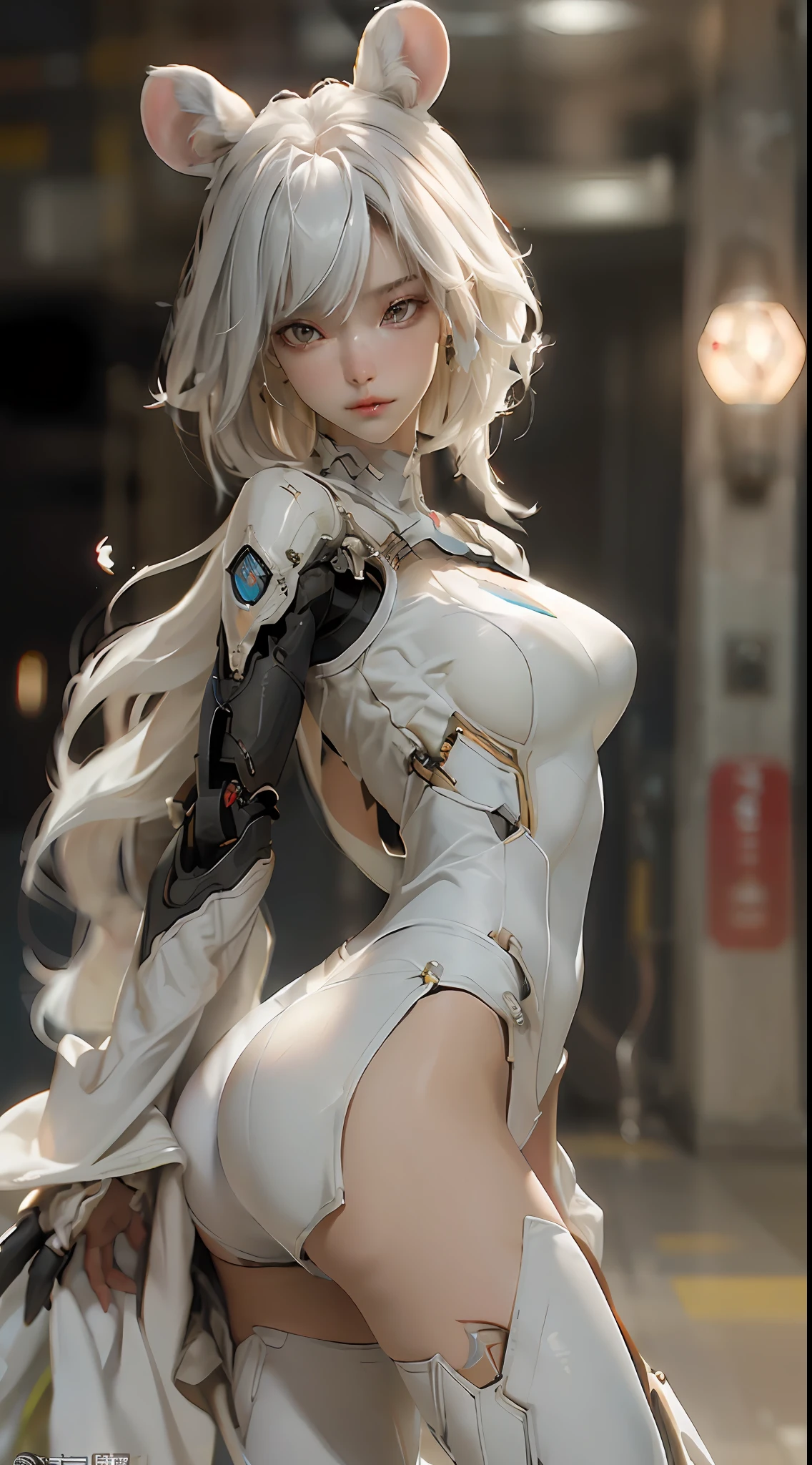 ((best qualtiy)), ((tmasterpiece)), (the detail:1.4), 3D, （Beautiful cyberpunk style female figure：1.5），（（Sexy mature woman）），（Sexy big sister），（Greasy senior sister）,（Multiple poses），（Mecha warrior）hdr（HighDynamicRange）,Ray traching，NVIDIA RTX，Hyper-Resolution，Unreal 5，Subsurface scattering，PBR Texture，post-proces，Anisotropy Filtering，depth of fields，maximum definition and sharpness，Many-Layer Textures，Albedo e mapas Speculares，Surface coloring，Accurate simulation of light-material interactions，perfectly proportions，perfect bodies，rendering by octane，Two-colored light，largeaperture，Low ISO，White balance，the rule of thirds，8K raw data，crisp breasts，Sexy little buttocks，cabelos preto e longos，Pure desire，Mecha mouse ears，Mouse ears，Mecha rat tail，Exquisite facial features，in mecha style，Yellow graffiti background