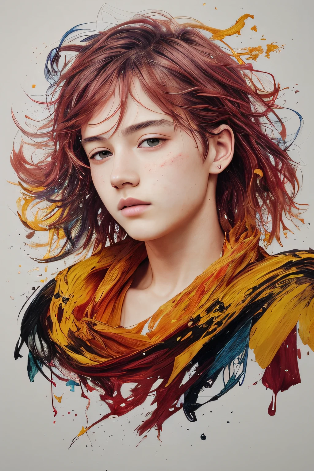 Colorful teenagers:An 18-year-old boy,messy hair,oil painted,Perfect face,Soft skin perfect face,red-yellow colors,Light purple and violet color added,Light red color added,Complicated details,Splash screen,8K分辨率,tmasterpiece, Handsome face, ArtStation digital painting is smooth and very black ink flow:8k resolution photorealistic masterpiece:intricately detailed fluid gouache painting:Written by Jean Baptiste Mongue:caligraphy:propylene:water color art,professional photoshooting,natural lightting,Volumetric lighting minimalist photographic illustration:Written by Marton Bobzert: ,复杂,ellegance,sprawling,dream magical,Flame burning hair,Full of life