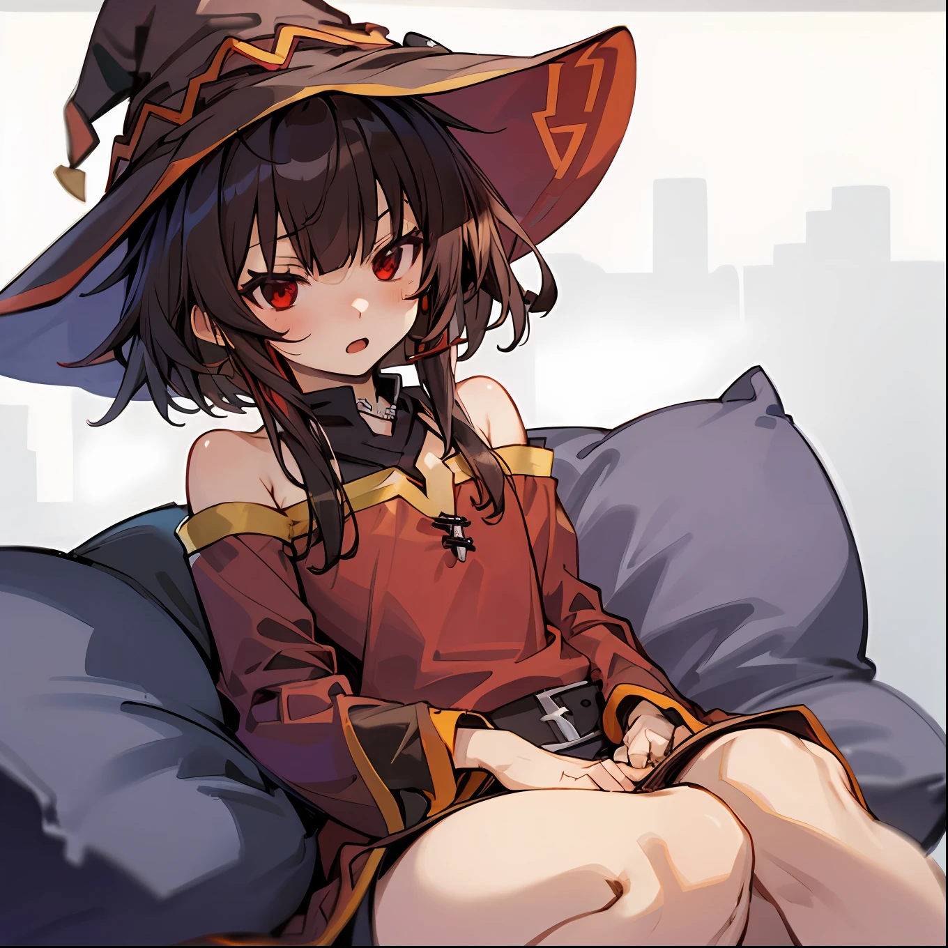 megumin,1 girl,Lori,small tits,red eyes,long sidelocks,brown hair,Short hair,witch's hat,sitting on,BREAK (masterpiecebest quality,Perfect Anatomy,perfect hands,perject limb,high details),