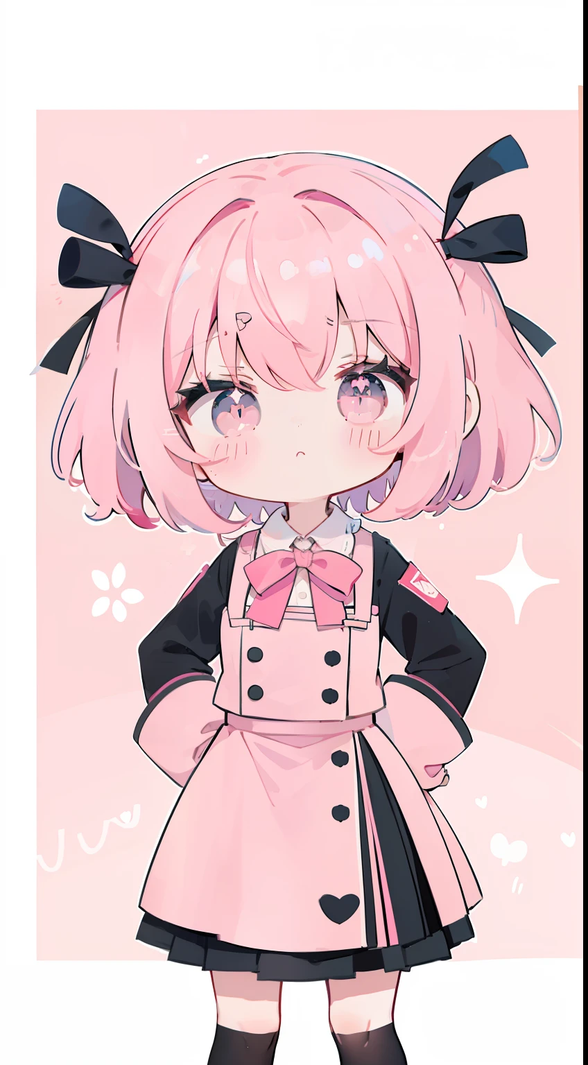 (((((Chibi)))))、Mini、dark pink hair、Medium hair、Pink military uniform、skirt by the、bow ribbon、Straight face、happen、Hanging eyes、put hands on the hip、masterpiece、Top image quality、top-quality、cute little