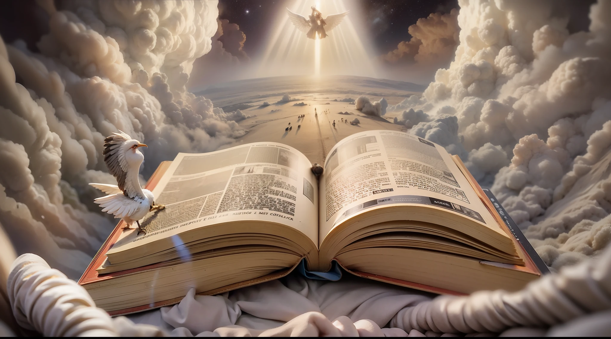 description: Nesta imagem, We focus on the moment of doomsday, conforme descrito em Apocalipse 20:11, where books are opened. The scenery is marked by a gigantic and sacred book, simbolizando o Livro da Vida. An angel with a solemn expression stands beside the book, pronto para julgar. Ahead of you, A multitude of people of all nations and ages awaits, cada uma com seu destino pendente. Some carry expressions of hope and faith, enquanto outras demonstram arrependimento e medo. Ao fundo, A celestial horizon suggests the world beyond this judgment. The image captures the importance of human choices and actions, destacando a imparcialidade divina no registro e julgamento de cada alma.