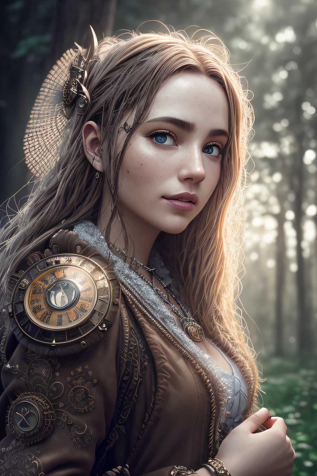 polish woman, chestnut hair,
detailed face, upper body, 3/4shot, (closeup:0.9), (skin pores:1.1),
4k, hyperrealism, realistic, hyperrealistic, high resolution, in the art style of Filip Hodas, 35mm lens, cinematic, soft lighting, epic realistic, faded, ((neutral colors)), (hdr:1.5), muted colors, pastel, warm lights, dramatic light, complex background, (by Irakli Nadar), rutkowski, intricate details, hyperdetailed, magnificent, elegant, cinematography,
light smile,
steampunk witch, amulet,
sunny forest cottage in the background,