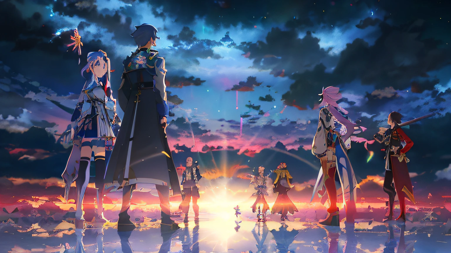 Anime characters standing in front of sunset over a rainbow, sword art online, sao style anime, As estrelas, popular isekai anime, key art, key visual, anime key visual concept art of, anime key art, visual novel key visual, high detailed official artwork, Alicization, anime background key visual, Official anime artwork, grimgar, anime key visual concept