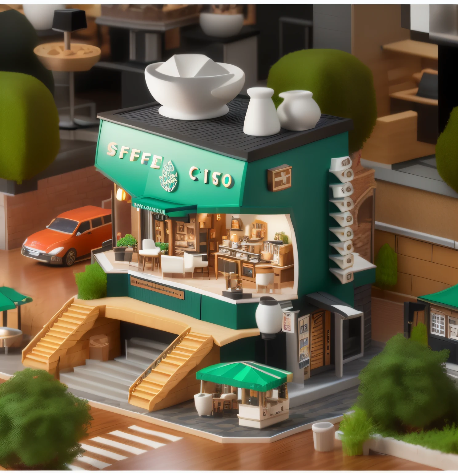 There is a miniature model of a coffee shop,Highly detailed visual espresso, stylized 3d render, hyper detailed 3d render, hyper detailed 3d render, 3 d stylize scene, hyper detailed scene, 3 d render stylized, highly detailed scenario, highly detailed 3d render, highly detailed 3d render, miniature cafe diorama