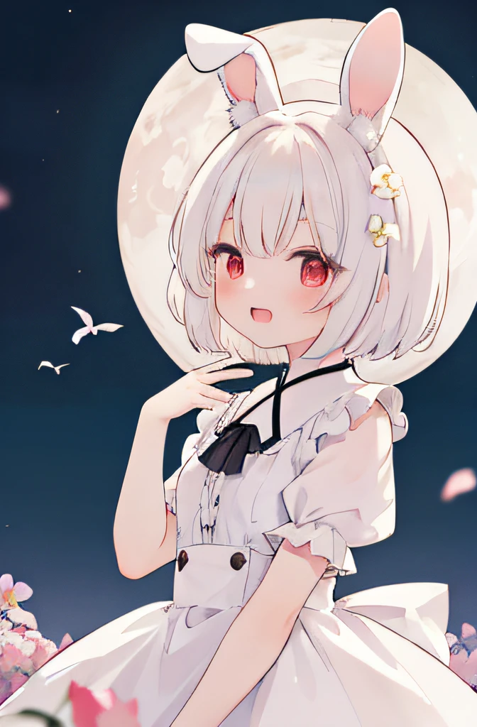 (masterpiece, best quality:1.2), illustration, absurdres, highres, extremely detailed, 1 ite girl, white short hair, rabbit ears, red eyes, eye highlights, dress, short puffy sleeves, frills, outdoors, flower, fluttering petals, upper body, (moon:1.2), night, depth of field, (:d:0.8),