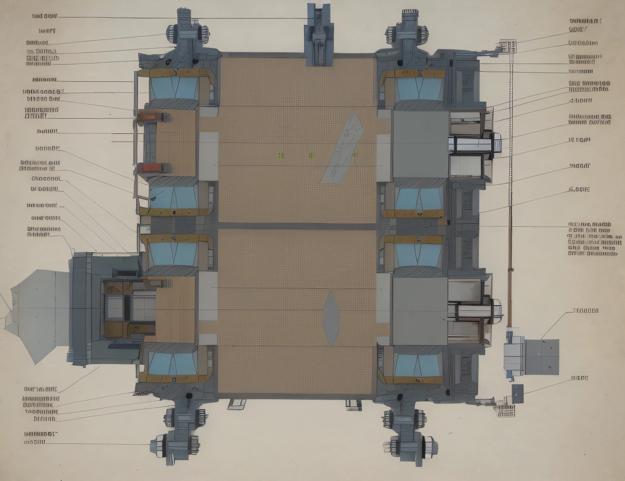 Schematic diagram of a large industrial building with a lot of detail, mechanical diagram, detailed mechanical design, cross section, assembly drawing, A high resolution, Mechanical details, Mechanical details, cut-away, Mechanical superstructure, technical detail, mechanical structure, technical drawings, non-pleated section, engineering diagram, blueprint schematics, diagram schematic, rotary symmetrical，Different areas are filled with different colors