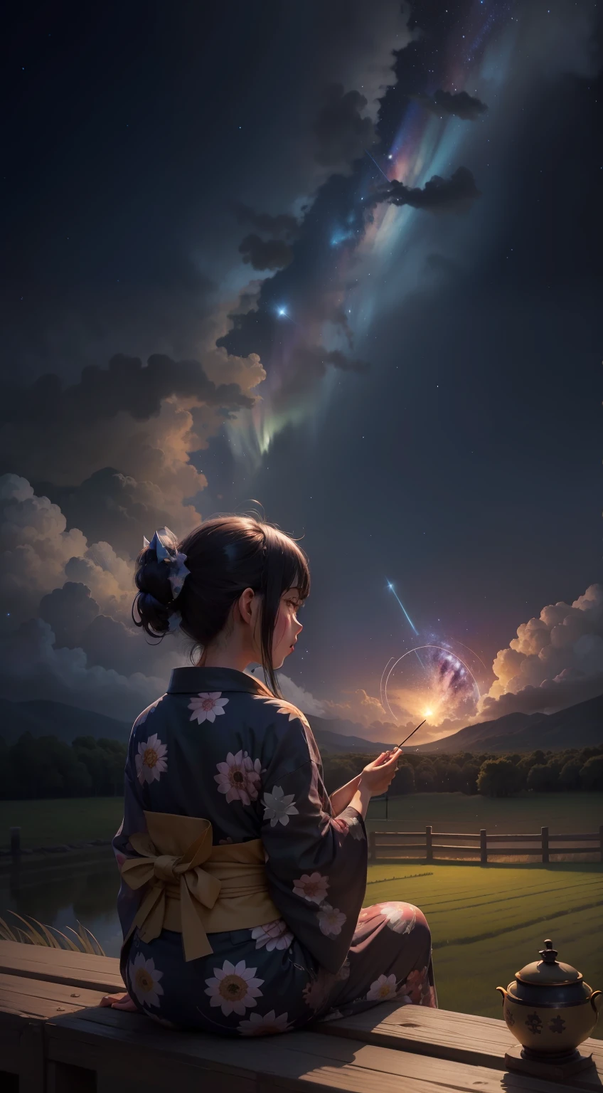1chica, chica distante con un kimono mirando las estrellas, (alejado: 1.1), (lluvia de meteoritos: 1.2), (cometa: 1.1), tu nombre, Angle low, from the rear, aroura borealis, estrella fugaz, yukata, kimono rojo, campo de girasoles, de pie en un campo, mejor calidad, obra maestra, nube, colorido, estrellado, estrellas, fuegos artificiales