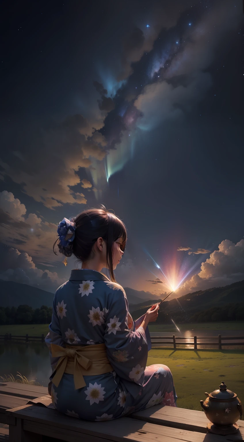 1chica, chica distante con un kimono mirando las estrellas, (alejado: 1.1), (lluvia de meteoritos: 1.2), (cometa: 1.1), tu nombre, Angle low, from the rear, aroura borealis, estrella fugaz, yukata, kimono rojo, campo de girasoles, de pie en un campo, mejor calidad, obra maestra, nube, colorido, estrellado, estrellas, fuegos artificiales