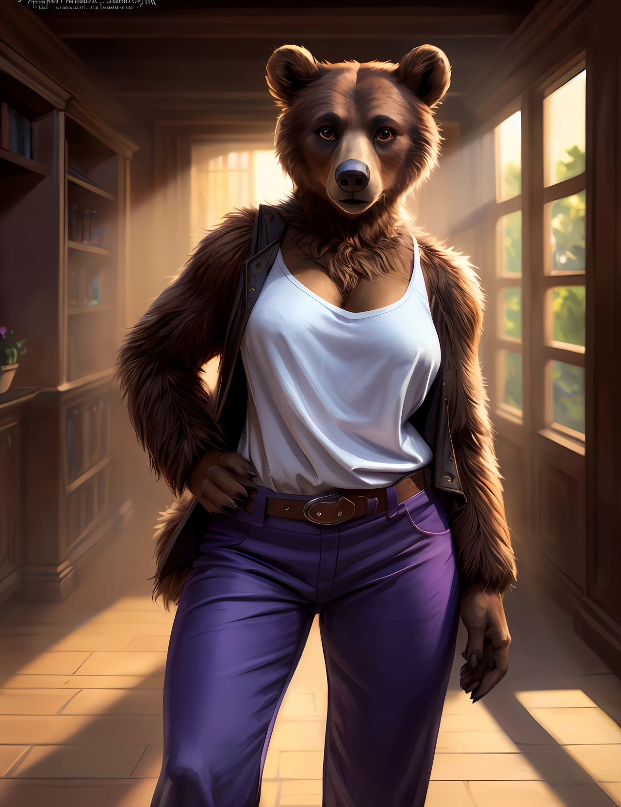 by personalami, by honovy, by thebigslick, by taran fiddler, by kenket, female Rebecca, bear, furry, cute sexy young, perfect breasts, pants, blue/purple pants, tail, short tail, (fluffy, furry:1.3) backlighting, detailed background, (cinematic lighting:1.2), braless, shirt, 8k hd, professional photoshoot, highest quality, (extreme fur detail:1.2), professional photoshoot, front view, (big wide detailed brown pixar eyes:1.2), real life, depth of field,