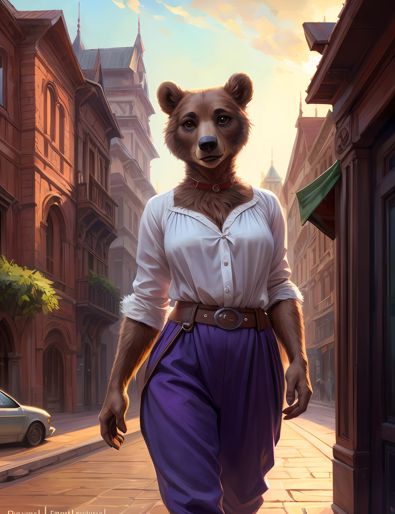 by personalami, by honovy, by thebigslick, by taran fiddler, by kenket, female Rebecca, bear, furry, cute sexy young, perfect breasts, pants, blue/purple pants, tail, short tail, (fluffy, furry:1.3) backlighting, detailed background, (cinematic lighting:1.2), braless, shirt, 8k hd, professional photoshoot, highest quality, (extreme fur detail:1.2), professional photoshoot, front view, (big wide detailed brown pixar eyes:1.2), real life, depth of field,