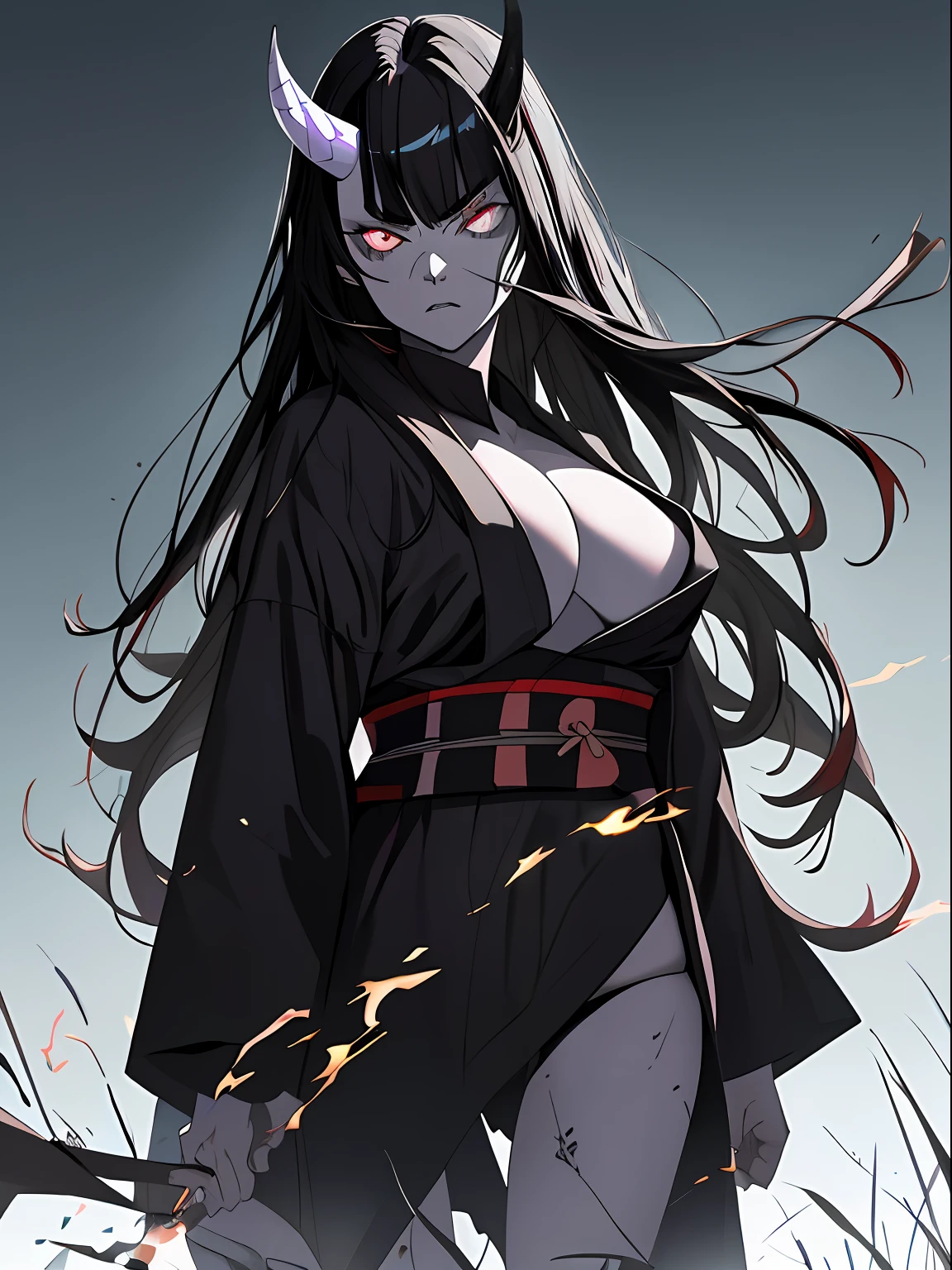 absurdres, highres night, ultra detailed, cowboy shot, diagonal view, grasslands,
1girl, oni horns, black hair, blunt bangs, long hair, disheveled hair, black open kimono, slit pupils,   pale skin, [furious:sad:0.8], aura, (looking at viewer:1.2), standing, large breasts, half undressed, wind, serious, dark theme,