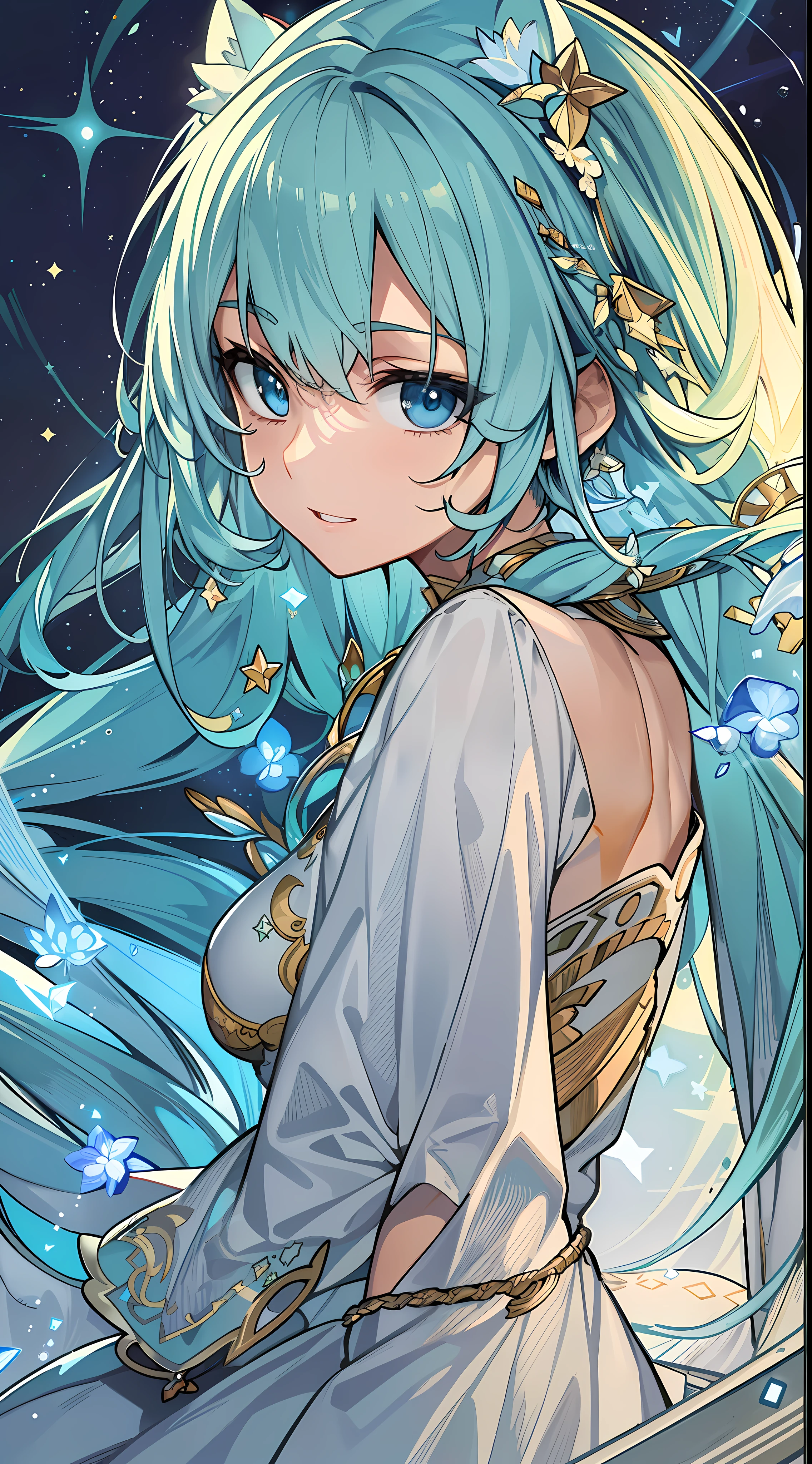 (((Masterpiece))),(((best qualtiy))),((Hyper-detailing)),(illustration),((anextremelydelicateandbeautiful)),dynamic angle,Floating,(beatiful detailed eyes),(detailedlight) (1girll), Solo, full bodyesbian,Floating hair,glowing light eyes,blue hair,eBlue eyes, ssmile,facing to audience,looking at viewert,double tails, halterdress, nabel,starryskybackground