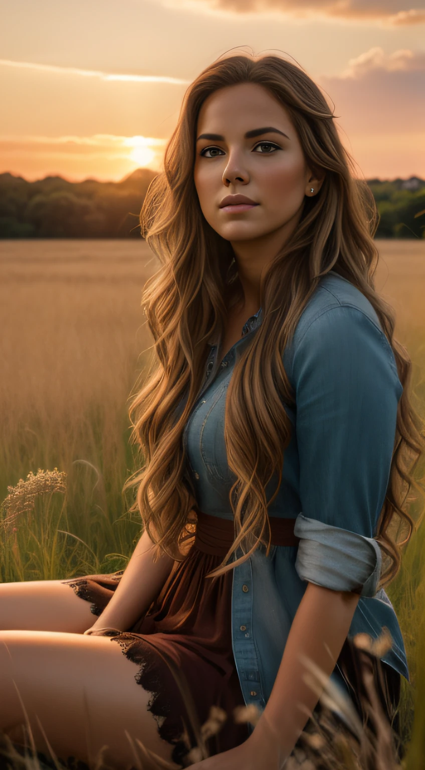 "Hyper realistic, 8k masterpiece of a beautiful woman with long wavy hair sitting in a field of grass under a breathtaking sunset lighting."