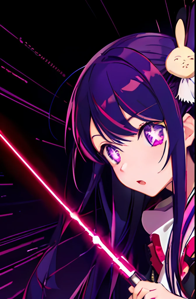 solo, Hoshino Ai, long hair, purple hair, streaked hair ,purple eyes, star-shaped pupils, hair ornament, showcasing her skills with a lightsaber swinging