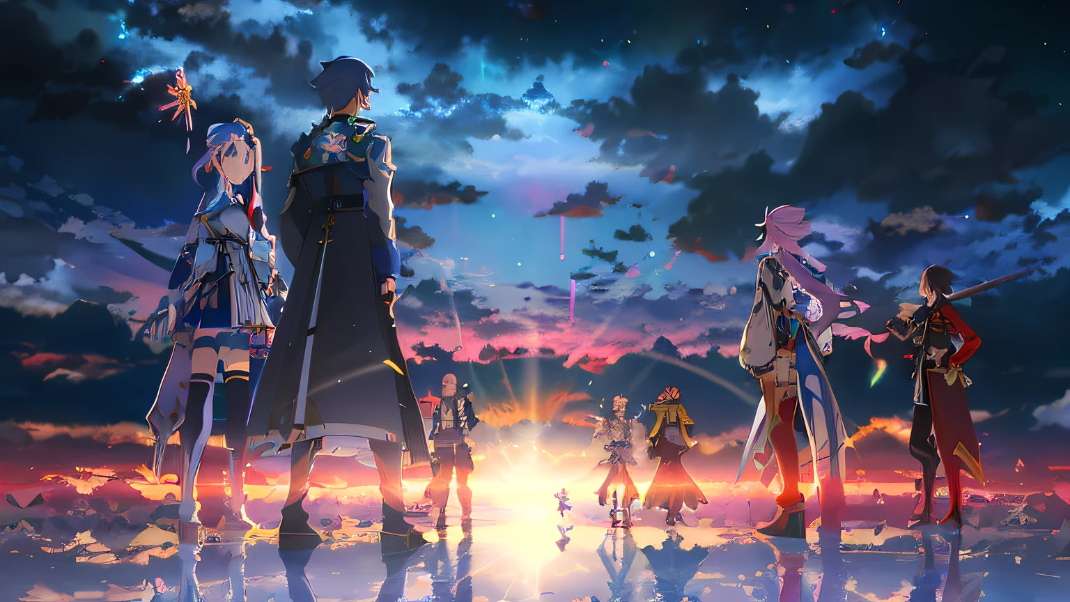 Anime characters standing in front of sunset over a rainbow, sword art online, sao style anime, As estrelas, popular isekai anime, key art, key visual, anime key visual concept art of, anime key art, visual novel key visual, high detailed official artwork, Alicization, anime background key visual, Official anime artwork, grimgar, anime key visual concept