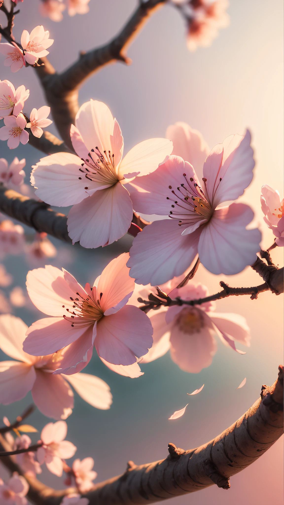 Creates a high-resolution image of a cherry blossom on a beautiful sunset afternoon, close up, ultra detailed, 8K, Sunshine Lights