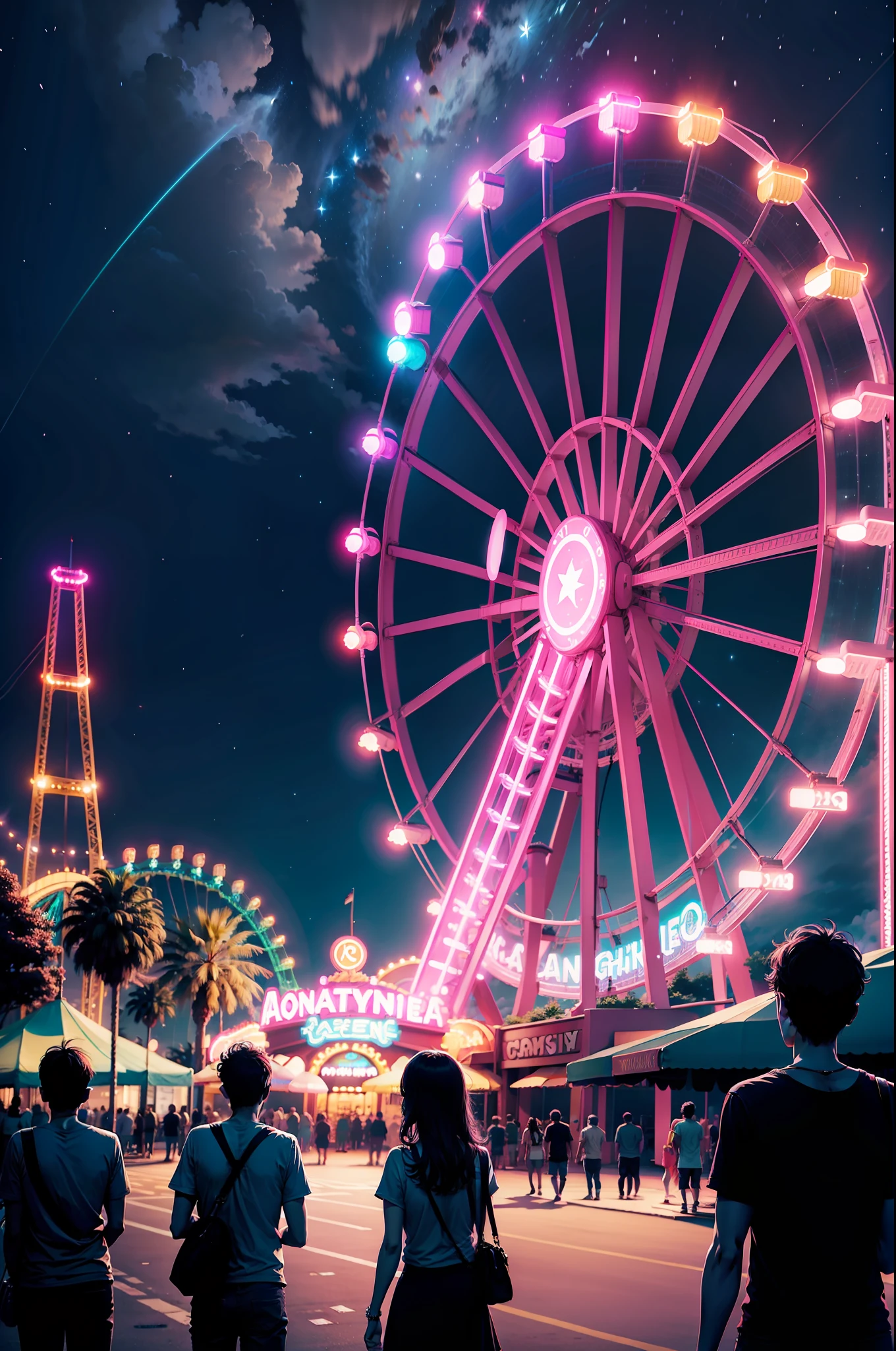 amusement park, rosa gigante neon, noite, cosmic sky, Estilo anime,