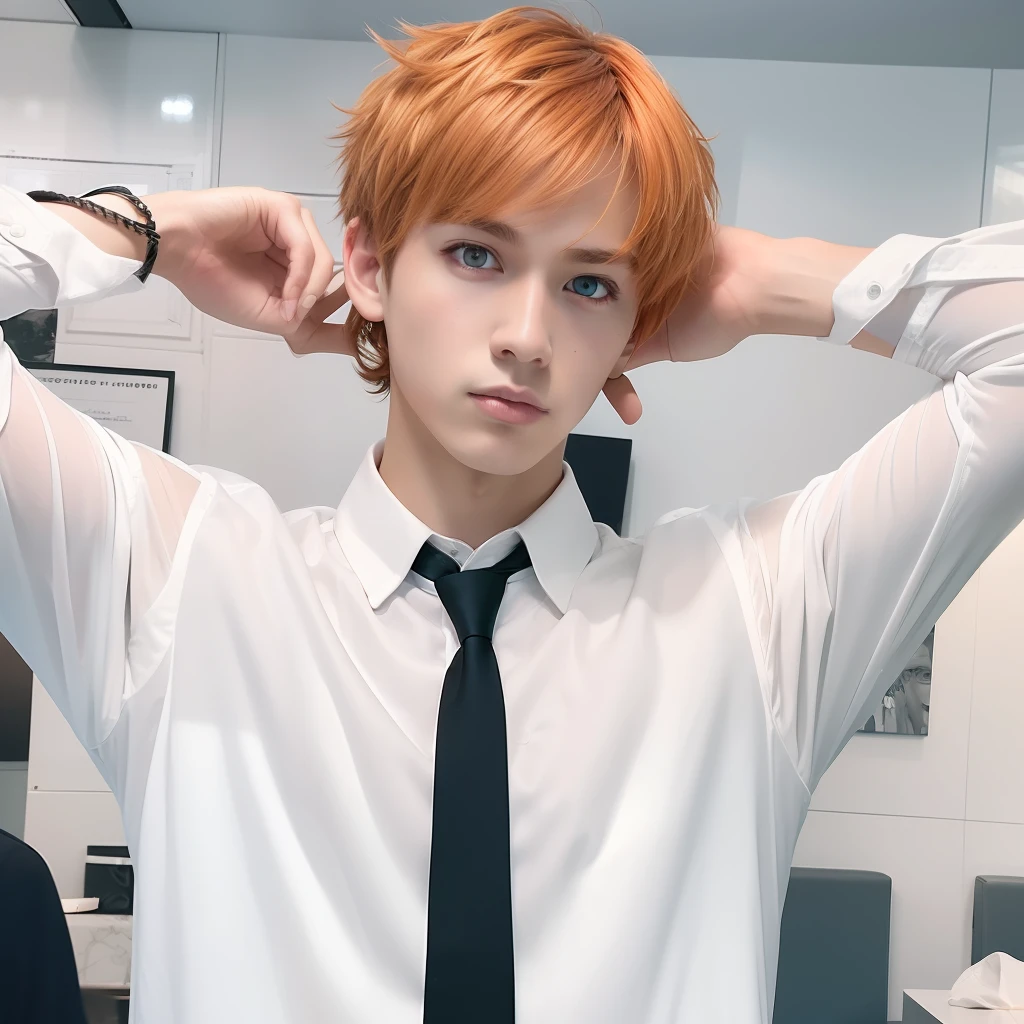 1boy,handsome,men face,bored face,not smiling,short hair,spiky hair up,orange hair,white uniform,black tie, standing,long sleeve, looking at viewer,realistic,more detail,70 mm lens