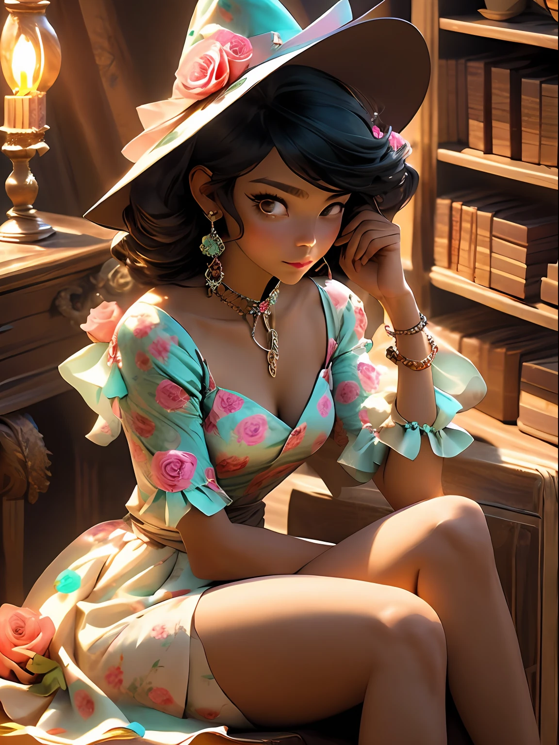 torino aqua, 1girls, alternate costume, black hair, book, bottle, bracelet, breasts, brooch, candle, candlestand, choker, crescent necklace, cup, dress, earrings, eyepatch, flower, food, fruit, genshin impact, grapes, green eyes, hair ornament, hand on headwear, hat, hat flower, highres, holding, holding book, holding food, holding fruit, indoors, jewelry, lamp, lantern, lens flare, long hair, looking at viewer, mona \(genshin impact\), multiple girls, necklace, pantyhose, parted lips, pink flower, pink rose, purple choker, purple dress, rose, scrunchie, sitting, solo focus, spaghetti strap, sparkle print, star \(symbol\), star hair ornament, thighlet, torino aqua, twintails, two side up, very long hair, witch hat, wrist scrunchi, .