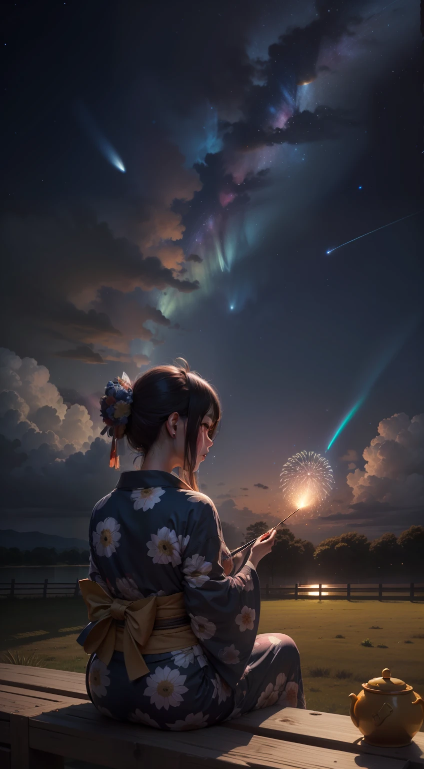 1chica, chica distante con un kimono mirando las estrellas, (alejado: 1.1), (lluvia de meteoritos: 1.2), (cometa: 1.1), tu nombre, Angle low, from the rear, aroura borealis, estrella fugaz, yukata, kimono rojo, campo de girasoles, de pie en un campo, mejor calidad, obra maestra, nube, colorido, estrellado, estrellas, fuegos artificiales