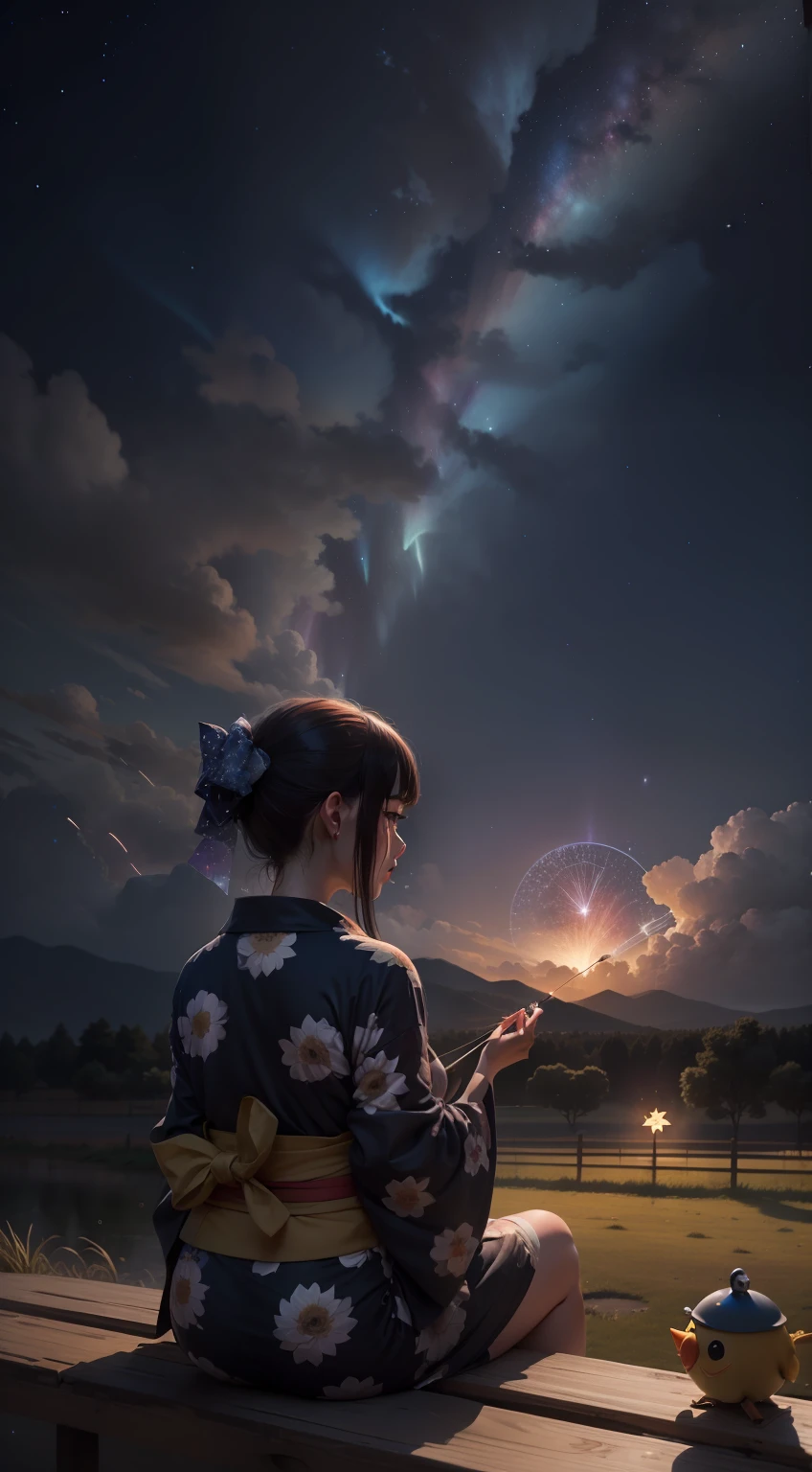 1chica, chica distante con un kimono mirando las estrellas, (alejado: 1.1), (lluvia de meteoritos: 1.2), (cometa: 1.1), tu nombre, Angle low, from the rear, aroura borealis, estrella fugaz, yukata, kimono rojo, campo de girasoles, de pie en un campo, mejor calidad, obra maestra, nube, colorido, estrellado, estrellas, fuegos artificiales