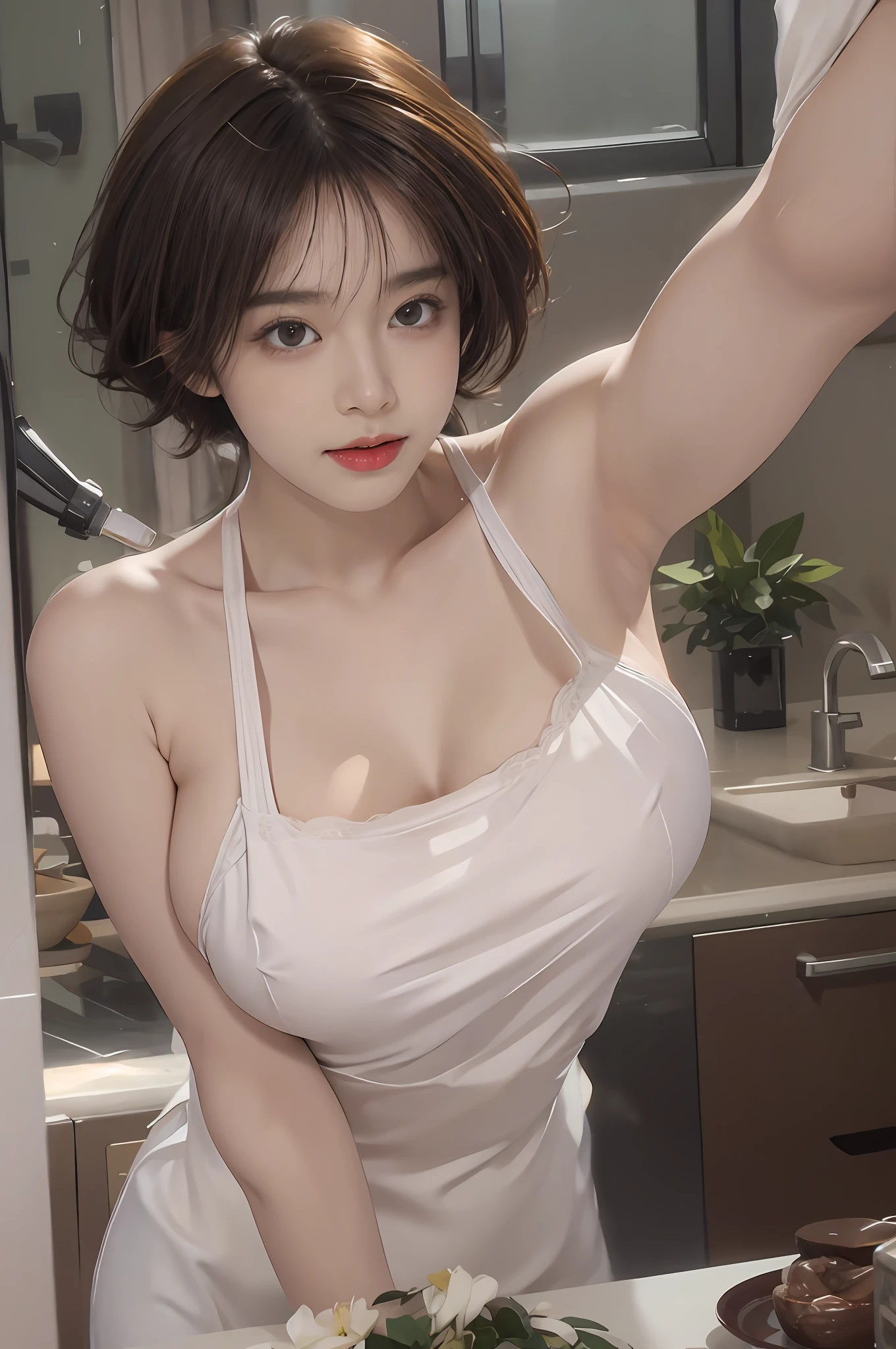 tmasterpiece， seductiv， ssmile， ， Short brown delicate and delicate hair， Snow-white skin Beautiful breasts， High-resolution facial features， 8K， 二重まぶた， Delicate facial features of the highest quality， tmasterpiece， 超高分辨率， （realisticlying：1.5）， RAW photogr， 1girll，  in the darkness nigth， deep shading， low tune， cold light， Sexy look， Short hair white lace, Super high resolution, Backlit transparent top，Raised front fill light