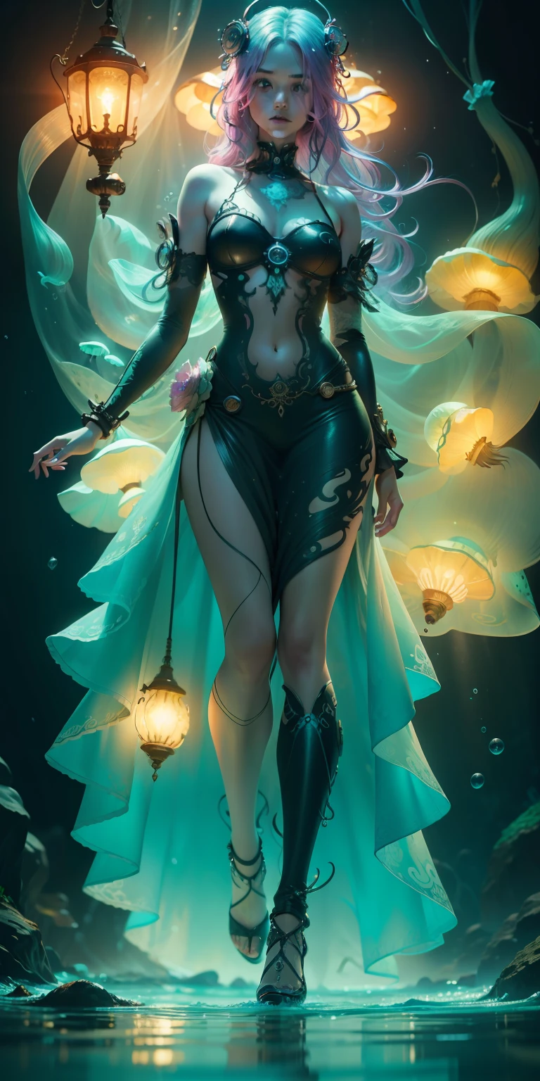 Cinematic, image of beautiful woman wearing a jellyfish on hear head full body shot underwater pink back lighting, bar lighting through seaweed with floating hair, 8k, hyperdetailed face, detailed hair, van gogh style vibrant, detailed hair, detailed eyes, neon, glass style, oil paint master piece, iridescent henna tattoo, steampunk, neon glowing jellyfish, hyperdetailed face, detailed hair, vibrant, 8k, magical, surrealism, pink aqua and violet color neon glow, from below