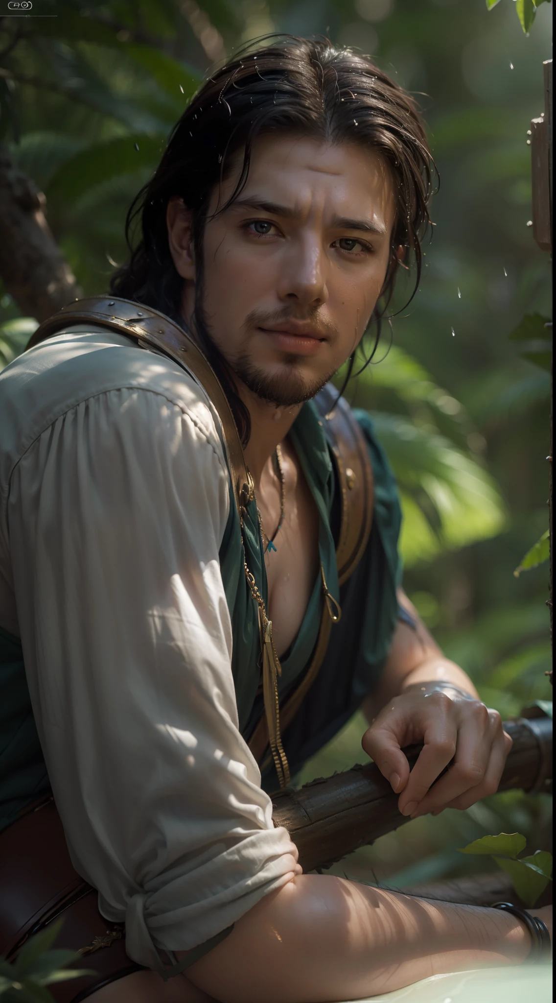 ((Realistic lighting, best qualtiy, 8K, tmasterpiece:1.3)), sharp fokus:1.2, of a guy,adventurer,explorer,closeup cleavage,Beautiful close-up((adventurer)),jungles,oases,giant and wet trees