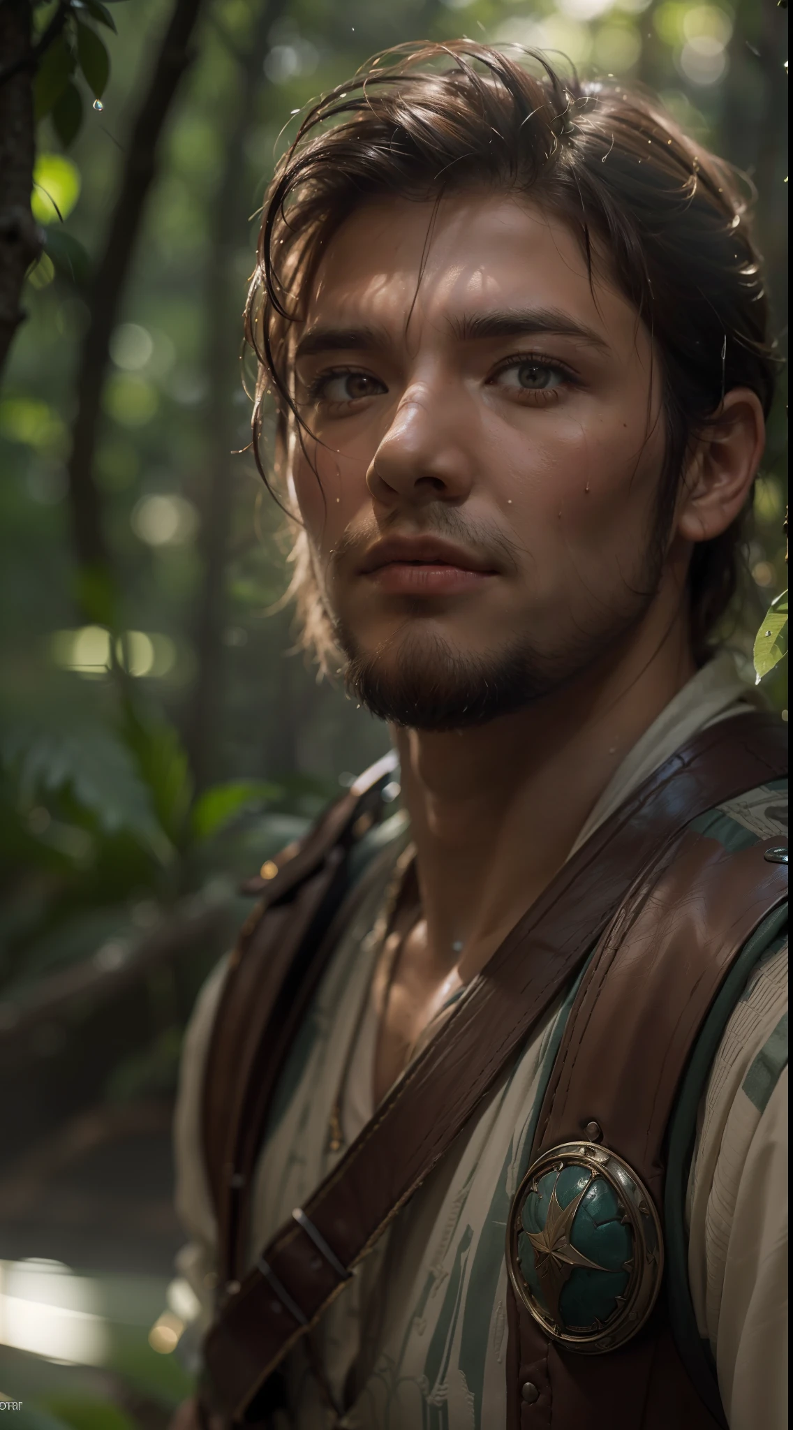 ((Realistic lighting, best qualtiy, 8K, tmasterpiece:1.3)), sharp fokus:1.2, of a guy,adventurer,explorer,closeup cleavage,Beautiful close-up((adventurer)),jungles,oases,giant and wet trees