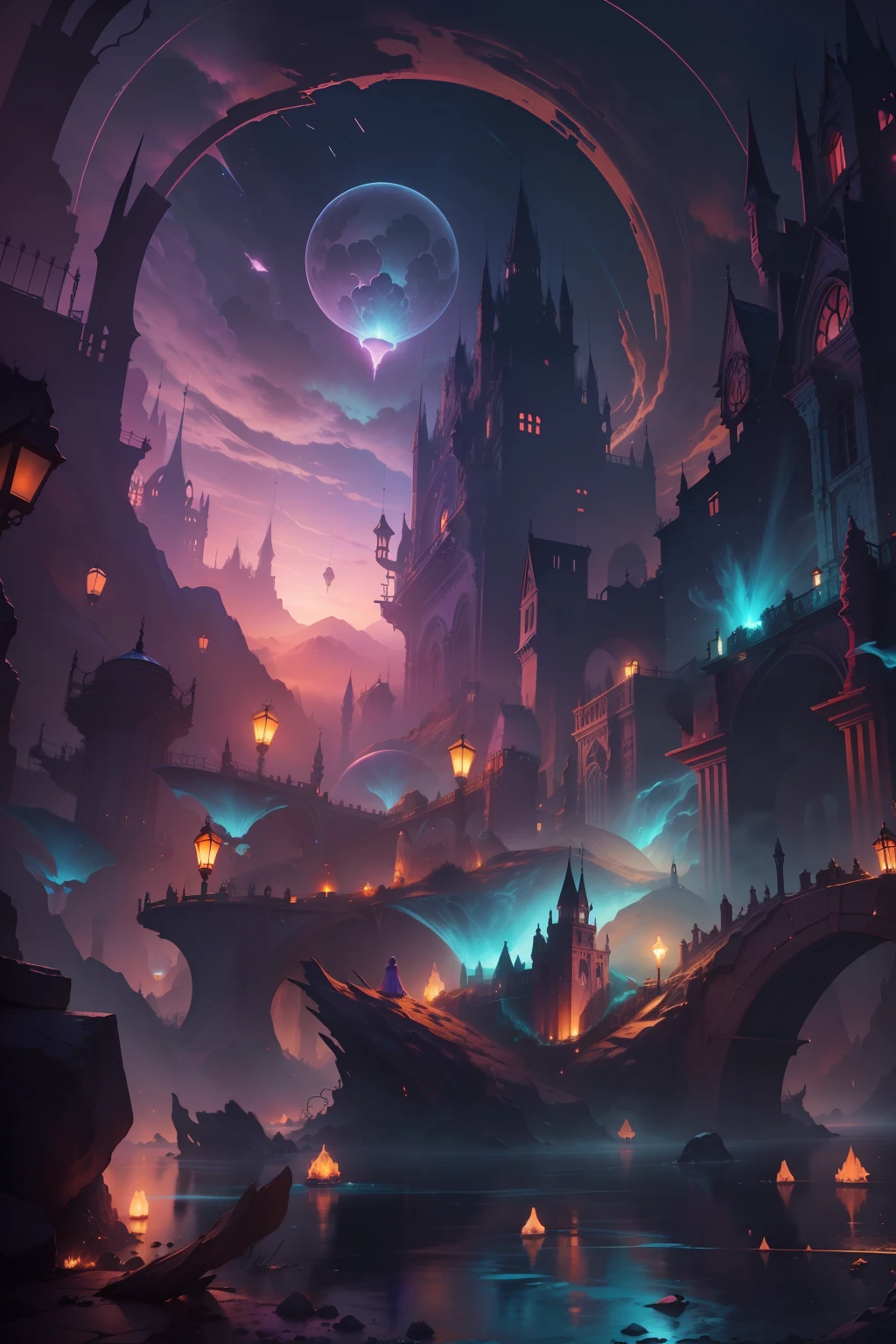 Picture quality:A masterpiece of high detail,8K,High-resolution body content:Leads to the abyss,Broad perspectives,fanciful,Full of mystery,Bask in the breath of chaos,Hopeful,Divine piety ,1 Girls make up a small percentage of the picture,Looking into the distant background:Dazzling color atmosphere:Mysterious and unknowable sense of light,Intense violet light,Magic beam,The fantasy of the future world is intertwined with reality,Color:Infused with ethereal hues and luminous turquoise hues,High purity color, composition:Vista composition,tilted angle,ultra-wide-angle,Style reference:Virtual Engine,The magical texture of the ghost spark,Chaotic real world