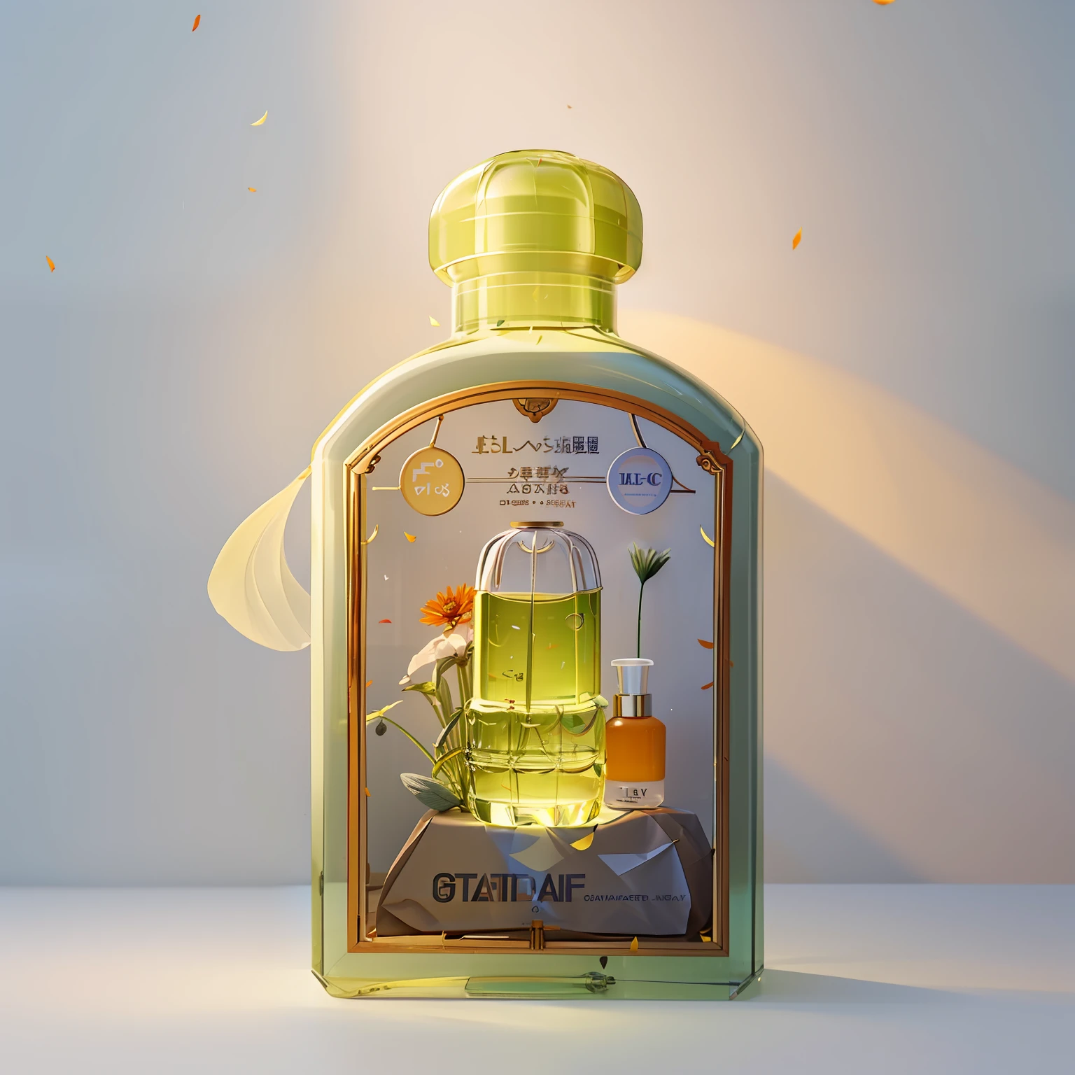 tmasterpiece,best qualtiy,(The is very detailed的 CG unified 8k 壁纸)(best qualtiy),(Most Best Illustration),(Best shadow) Natural Valley Calendula Calendula petals of various colors fall in the air under ray tracing,ultra - detailed,The label is white,Solid background color,Yellow soft light irradiation,The bottle is made of plastic ,Colorful hats,grassy fields,There are tents in the back,Leave it as it is,Generate a beautiful background atmosphere,Product photo of perfume bottles arranged with plants and flowers, Realistic, Light background, Realistic rendering --v 6