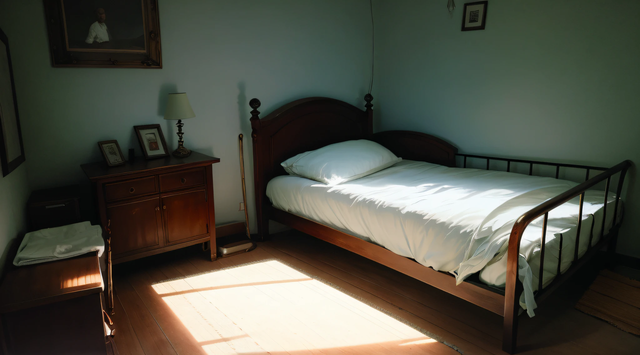 Old and dimly lit humble room, Poor old man's room, 1 White Bet,White futon