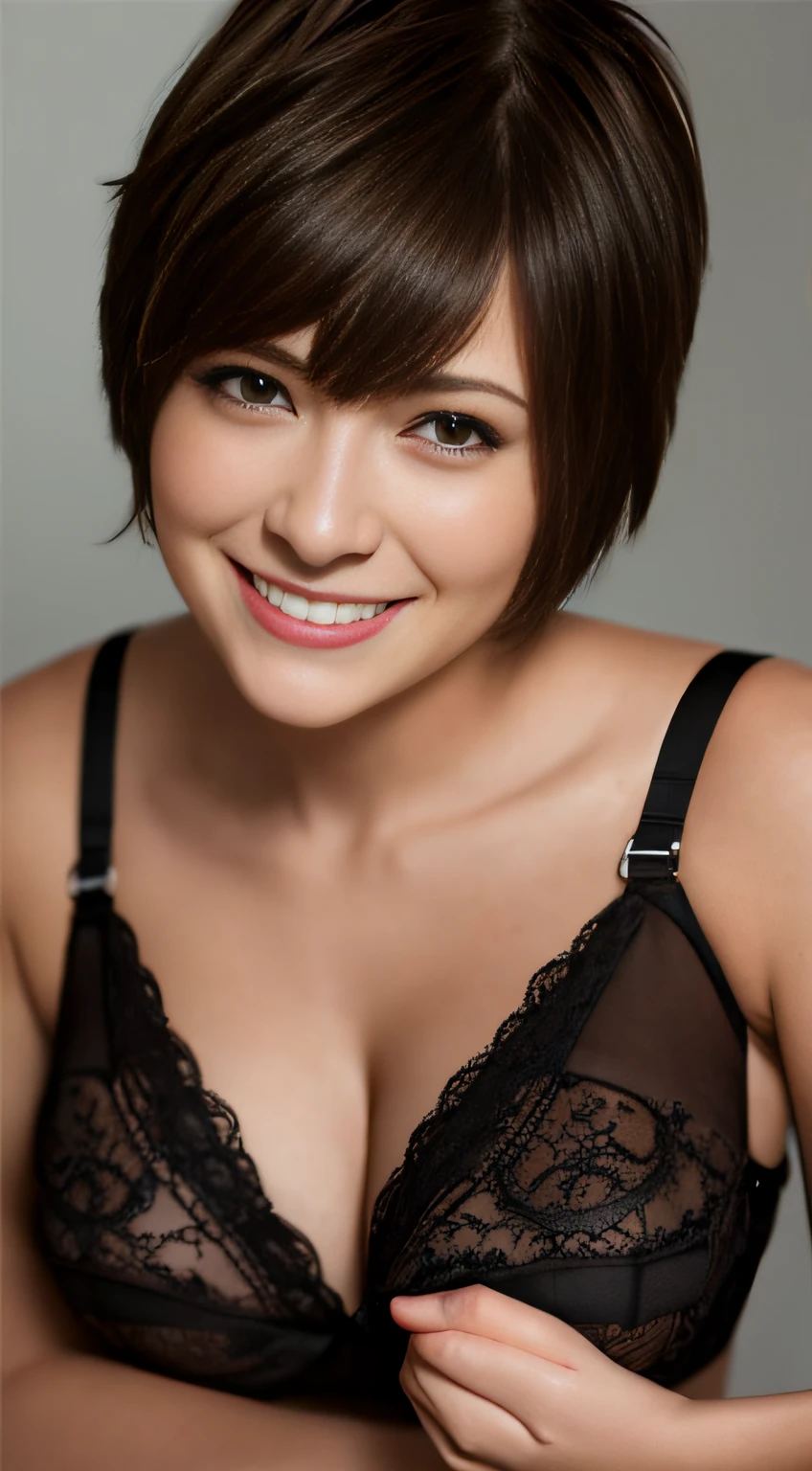 Short-haired boyish shorthair lingerie Brown hair Colossal tits A big smile Black eyes