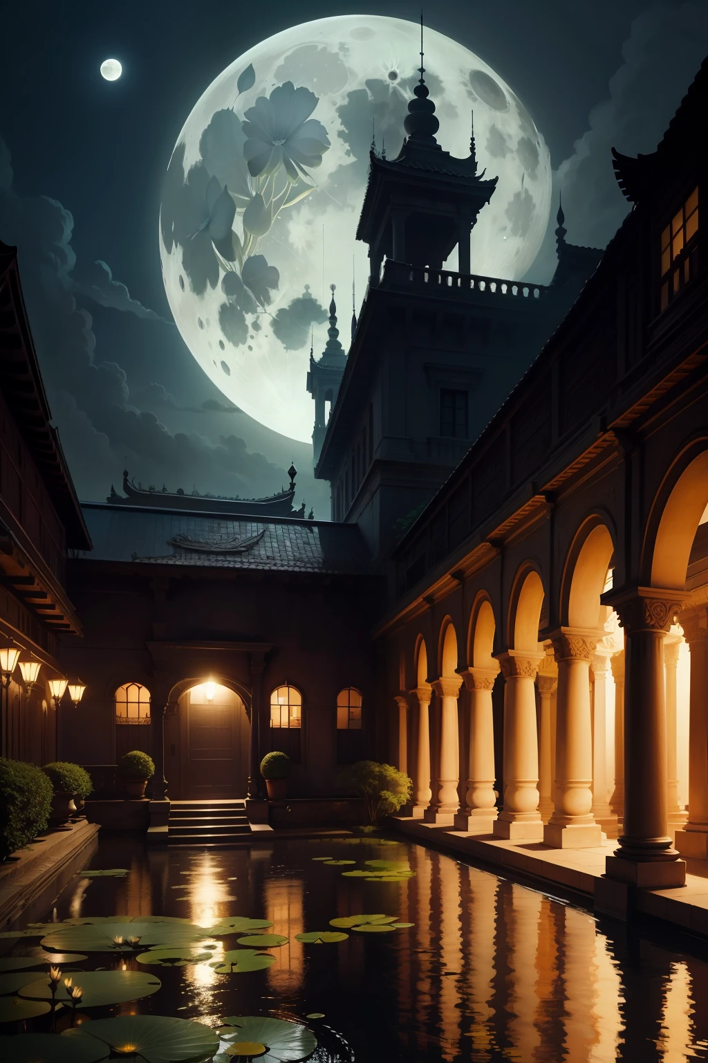 Classical gardens，High wall red pillars，There is a promenade，There are cranes，Under the moon，lendo livros，ponds，lotuses，Official ships