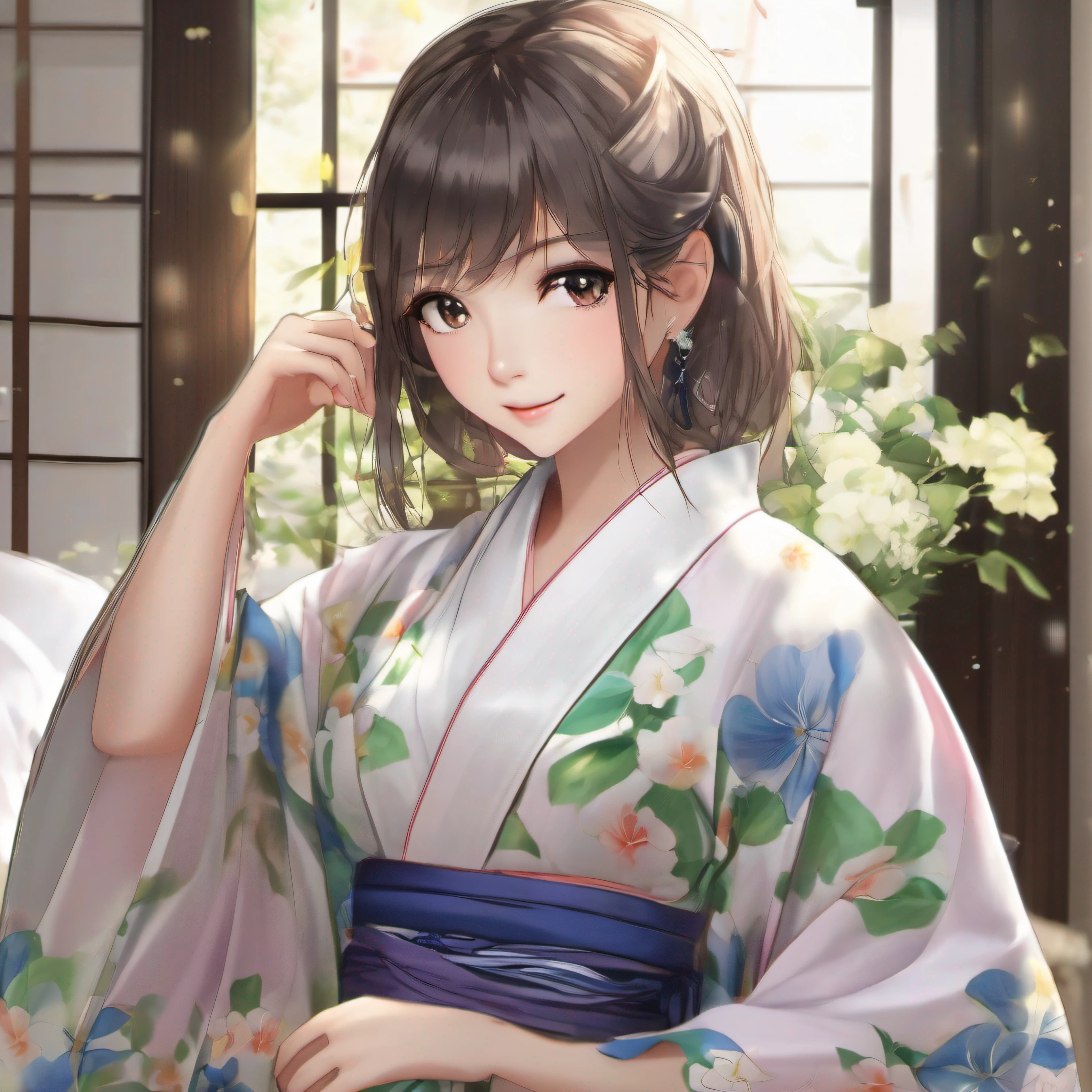 Morning glory yukata、Yukata Positive Prompt ((Best Quality, 8K, masutepiece :1.3)), 1girl in, beautiful woman with emphasis on slim abs: 1.3, (casual hairstyle, ???????????: 1.2), Morning glory yukata、bathrobe: 1.2, interiors, Ultra-detailed face, Delicate eyes, Double eyelids, Soft ???????, Smile, Morning glory yukata、bathrobe <lola:japanesedolllikeness_v15:1