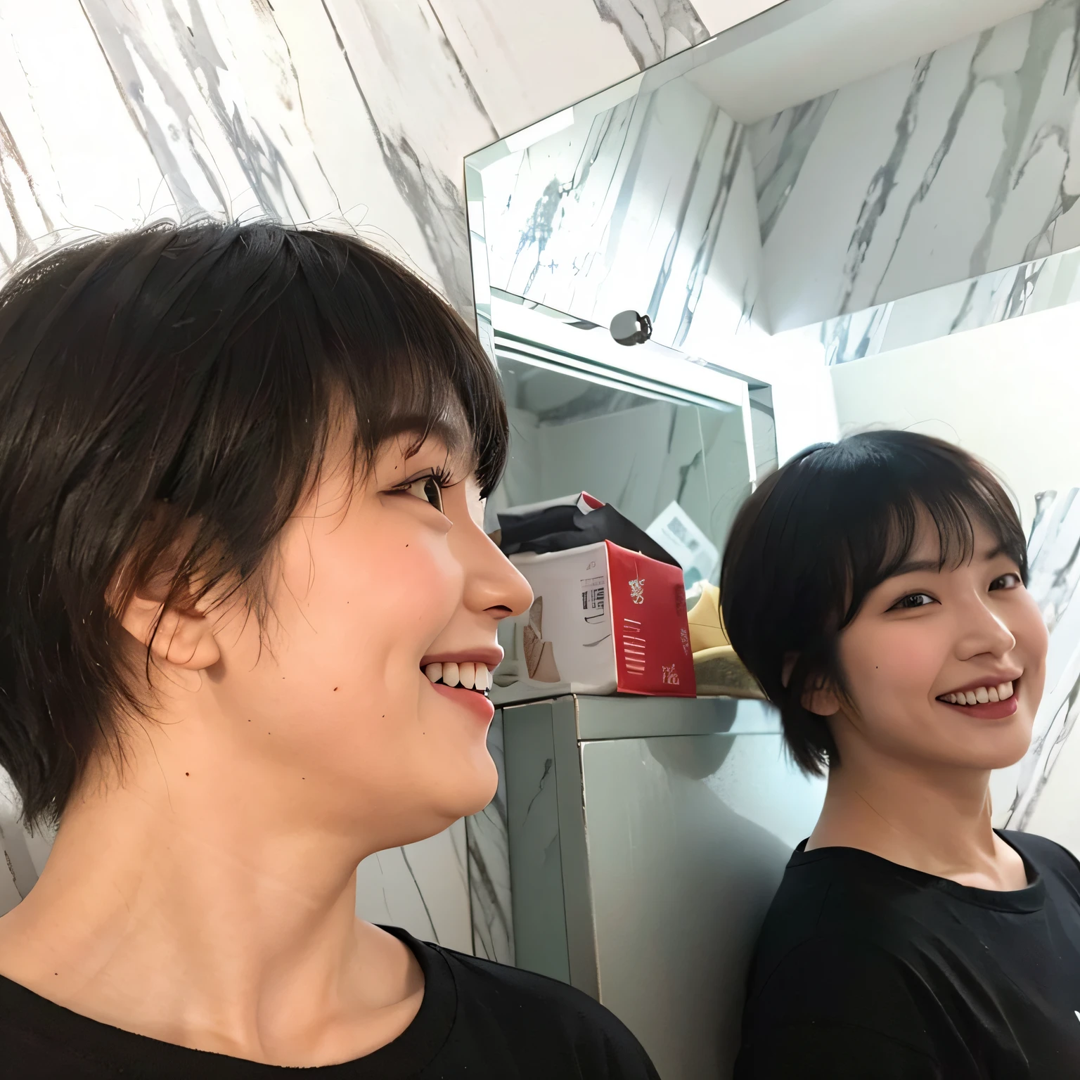 There were two women standing in the bathroom smiling and looking in the mirror, with short hair, Ruan Jia and Fenghua Zhong, cut short hair, inspired by Wang Duo, hime-cut, Profile image, Two women, with same hairstyle, short detailed hair, Chiba Yuda, ruan jia and brom