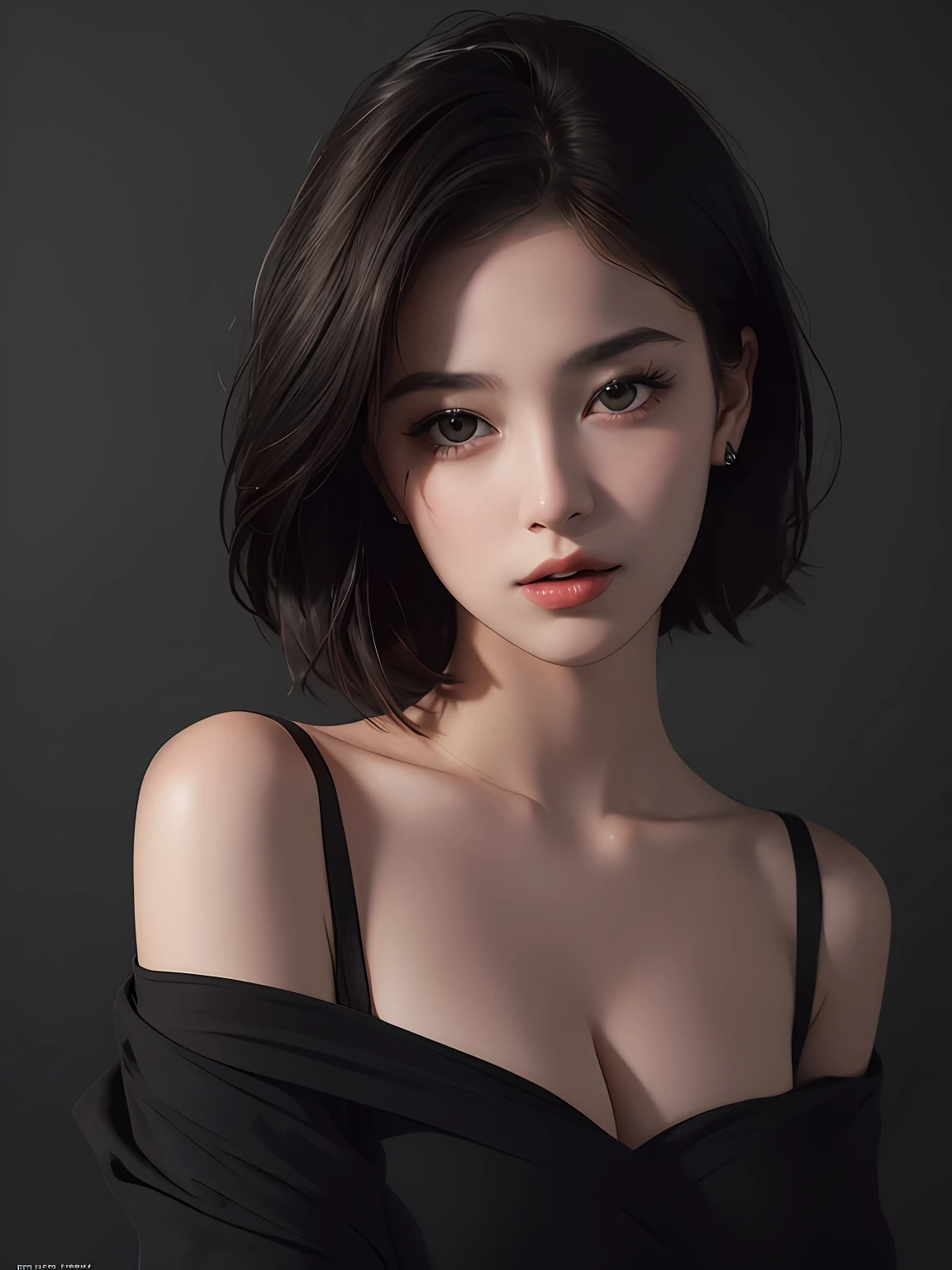 Best quality, masterpiece, ultra high res, (photorealistic:1.5), raw photo, 1girl, offshoulder, in the dark, deep shadow, low key, cold light, sexy look, short hair