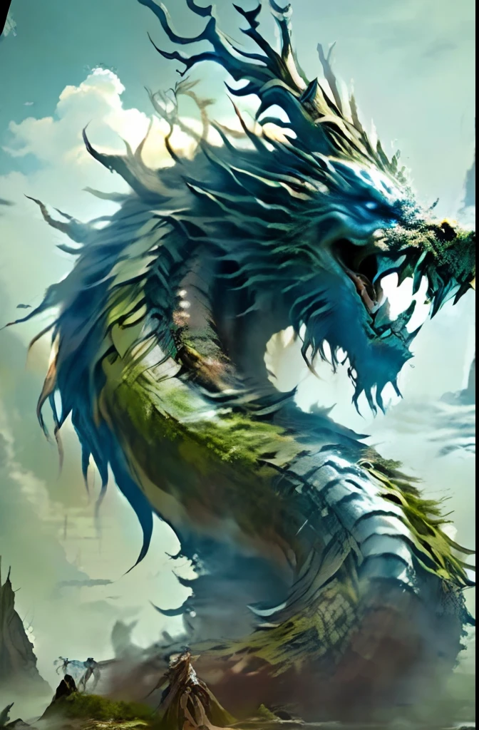 Best quality,masterpiece,ultra high res,nu no humans, (long:1.2),tree, teeth, sharp teeth, blue eyes, cloud, outdoors, 1other, fantasy, horns, sky, fog, open mouth, monster, scenery