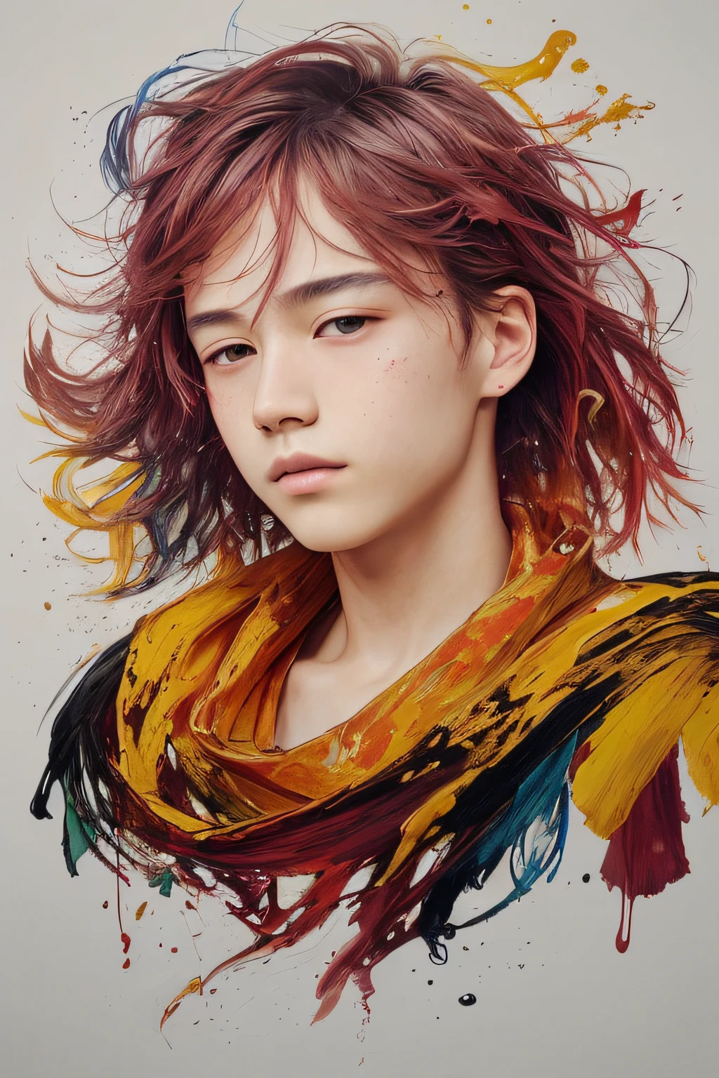 Colorful agers:An 18-year-old handsome Chinese boy,messy hair,oil painted,Perfect face,Soft skin perfect face,red-yellow colors,Light purple and violet color added,Light red color added,Complicated details,Splash screen,8K分辨率,tmasterpiece, Handsome face, ArtStation digital painting is smooth and very black ink flow:8k resolution photorealistic masterpiece:intricately detailed fluid gouache painting:Written by Jean Baptiste Mongue:caligraphy:propylene:water color art,professional photoshooting,natural lightting,Volumetric lighting minimalist photographic illustration:Written by Marton Bobzert: ,复杂,ellegance,sprawling,dream magical,The flame burns the hair,Full of life