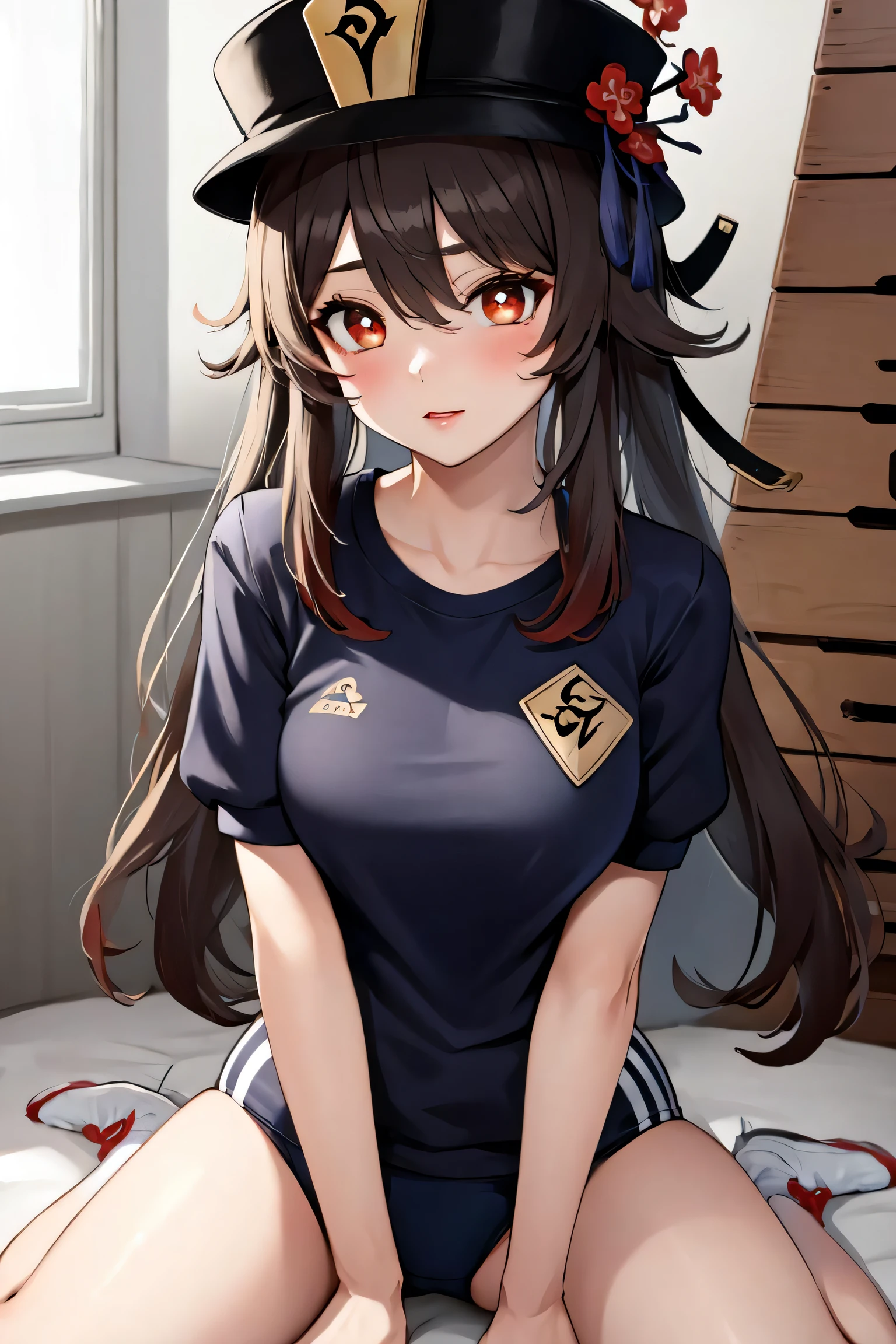 Highly detailed, High Quality, masterpiece, hutaodef, ((small breasts)), gym storeroom, gym uniform