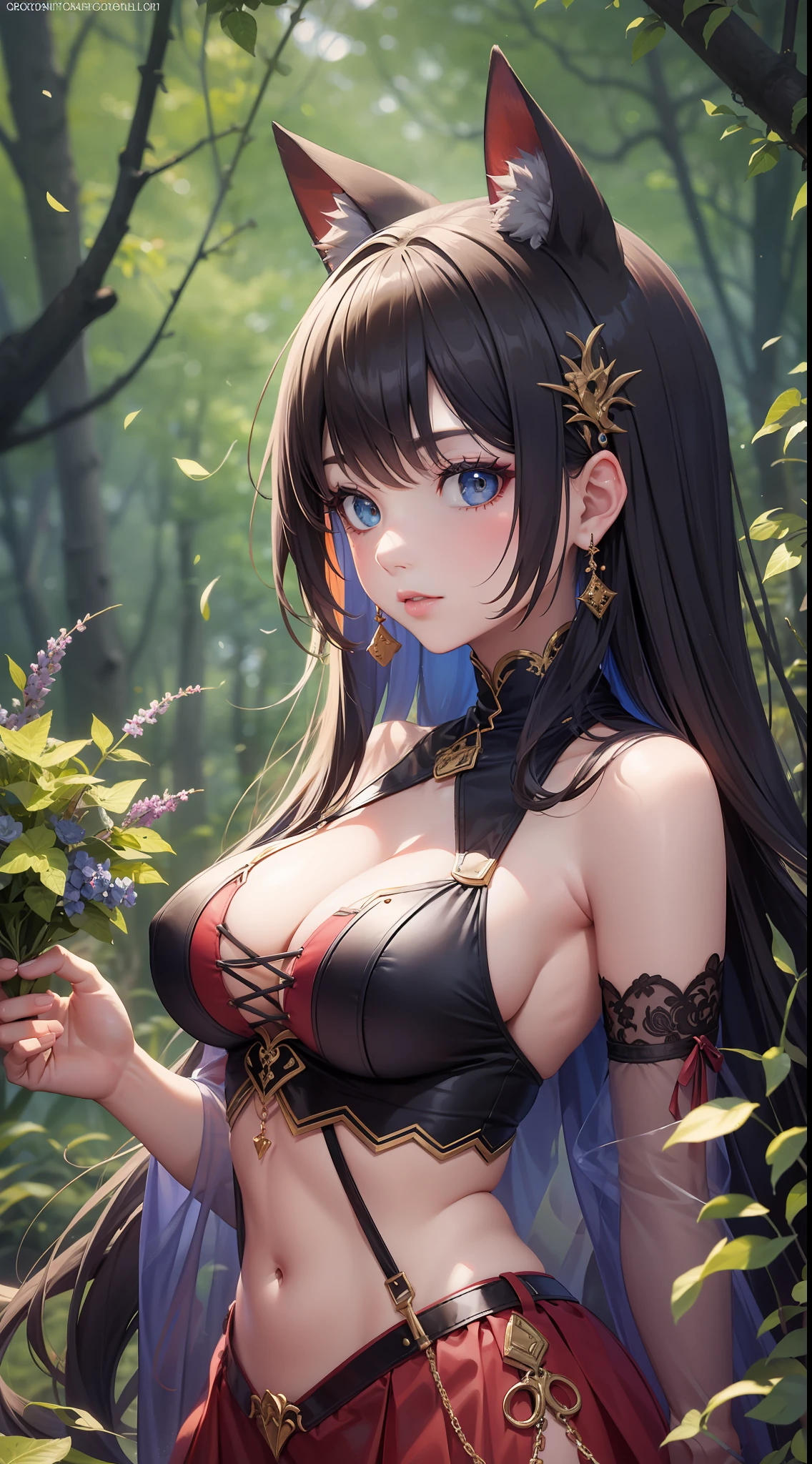 ((best quality)), ((masterpiece)), 1catgirl, solo, beautiful, slim, big boobs, beautiful delicate red cropped top sleeveless, short delicate satin skirt, beautiful design on dress, long fancy stylish hair, red colored inner hair, bangs, midriff, professional makeup, translucent robes, laces, ribbons, body chains, jewelry, night time, dark bamboo forest background, mix of ancient and modern, mysterious, ethereal, alluring, charming,