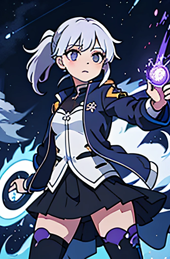 1girl, japanese clothes, ponytail ,white hair, purple eyes, magic circle, blue fire, blue flames, wallpaper, landscape, blood, blood splatter, depth of field, night, light particles, light rays, sidelighting, thighs, fate \(series\), genshin impact, ****, open jacket, skirt, thighhighs, cloud