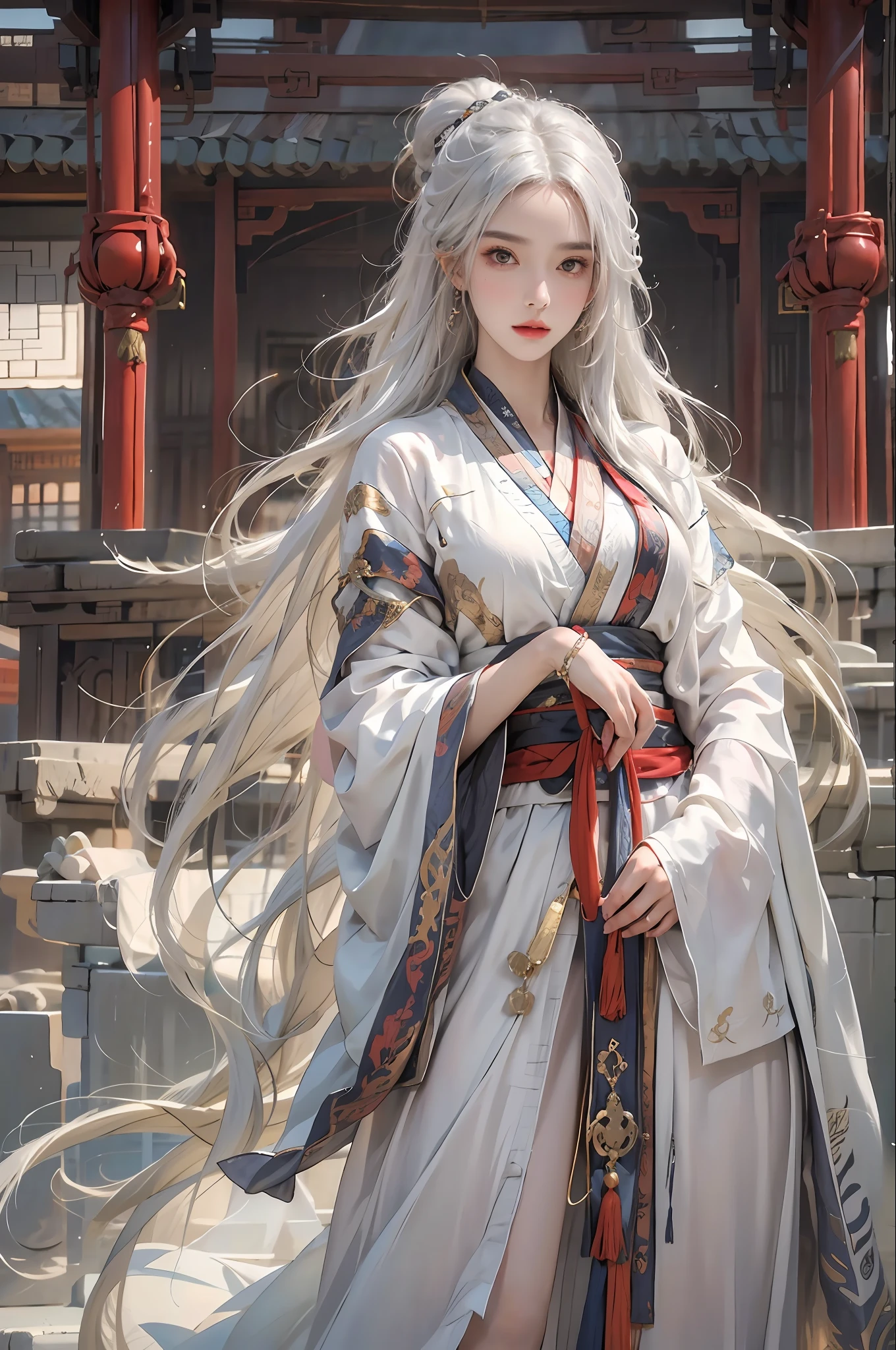photorealistic, high resolution, 1women, solo, hips up, look at viewer, (detailed face), white hair, long hair, Taoist robe,oversized clothes, jewelry, midjourney portrait