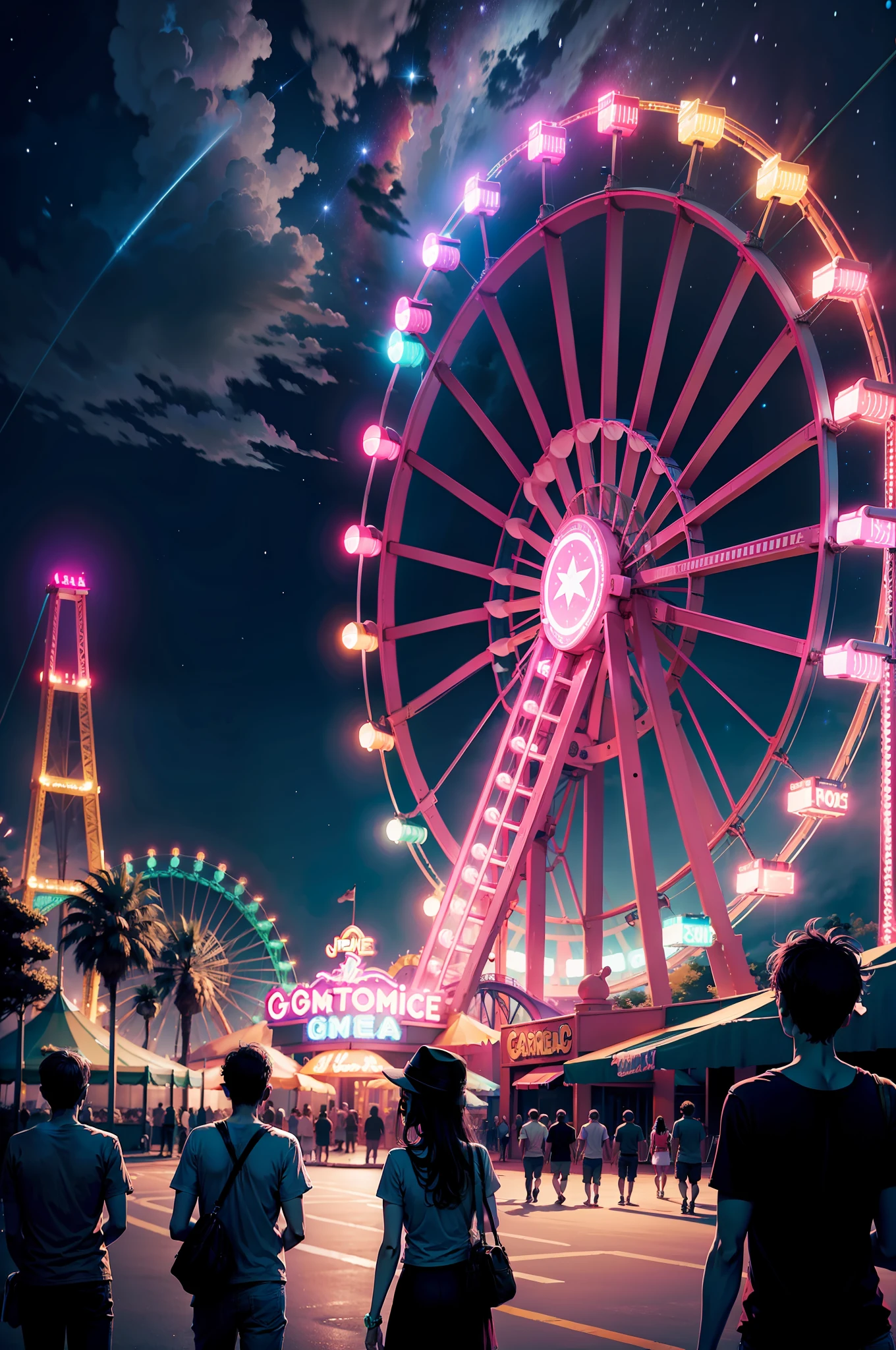 amusement park, rosa gigante neon, noite, cosmic sky, Estilo anime,